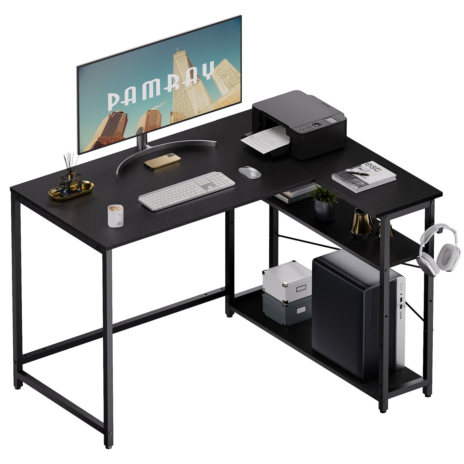 Pamray 43 Inch L Shaped Computer Desk with Reversible Side Storage Shelves, Smal