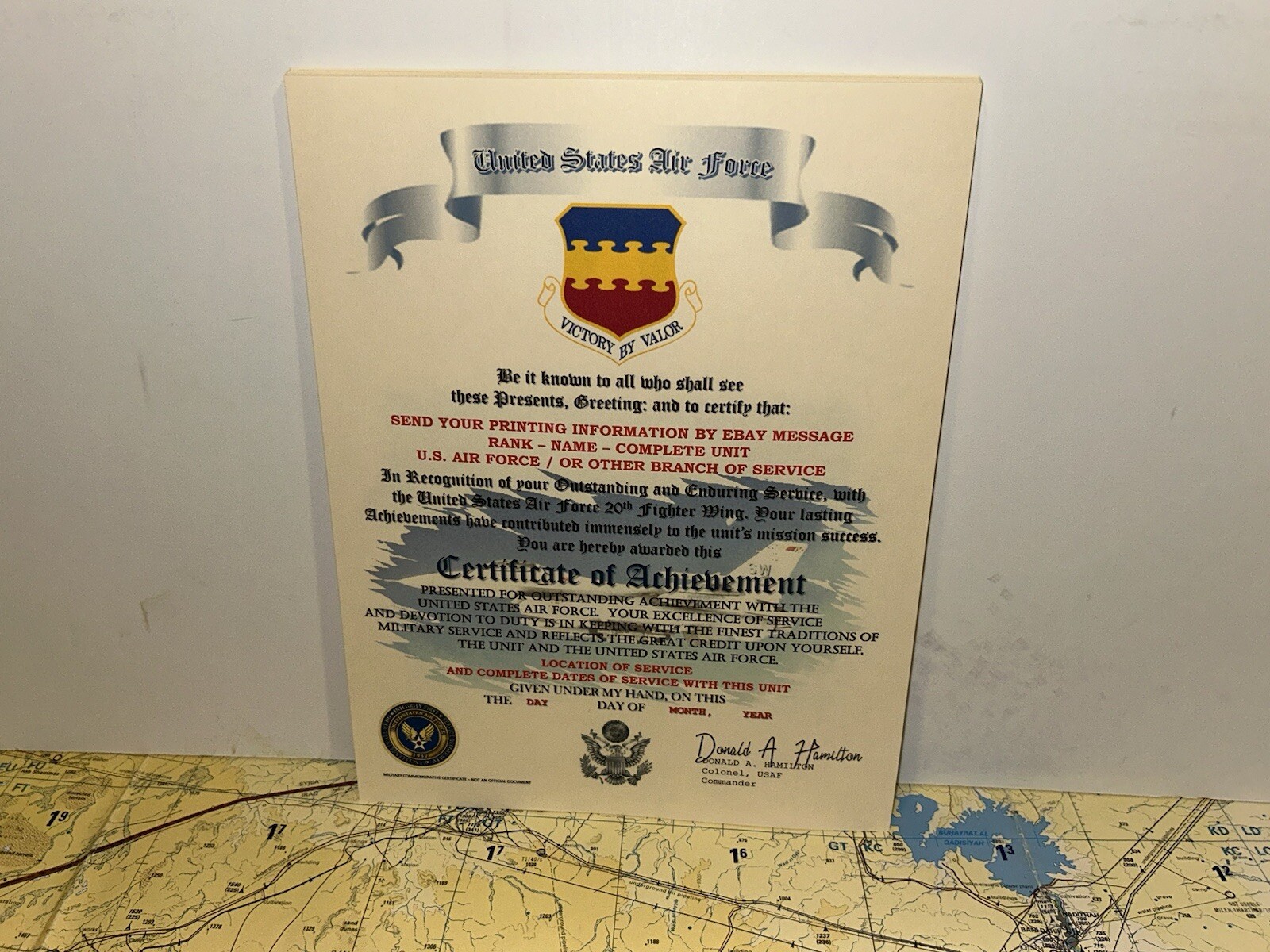 U.S.A.F. / AIR FORCE 20TH FIGHTER WING - CERTIFICATE OF ACHIEVEMENT