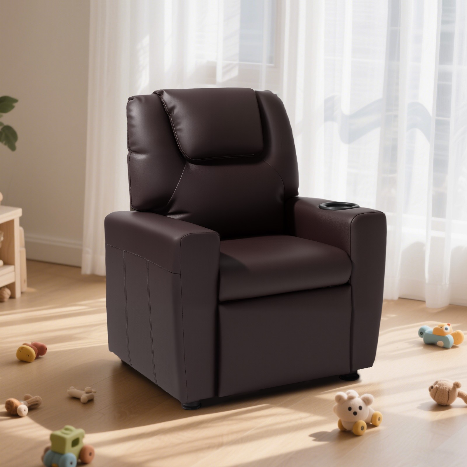 VEVOR Kids Reclining Chair PU Leather Toddler Recliner with Cup Holder (Brown)