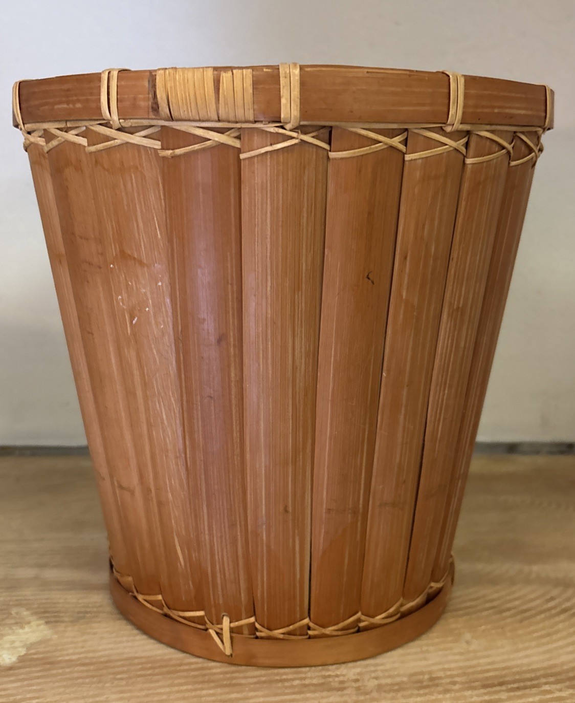 Vintage Natural Bamboo Planter Or Wastebasket 10”