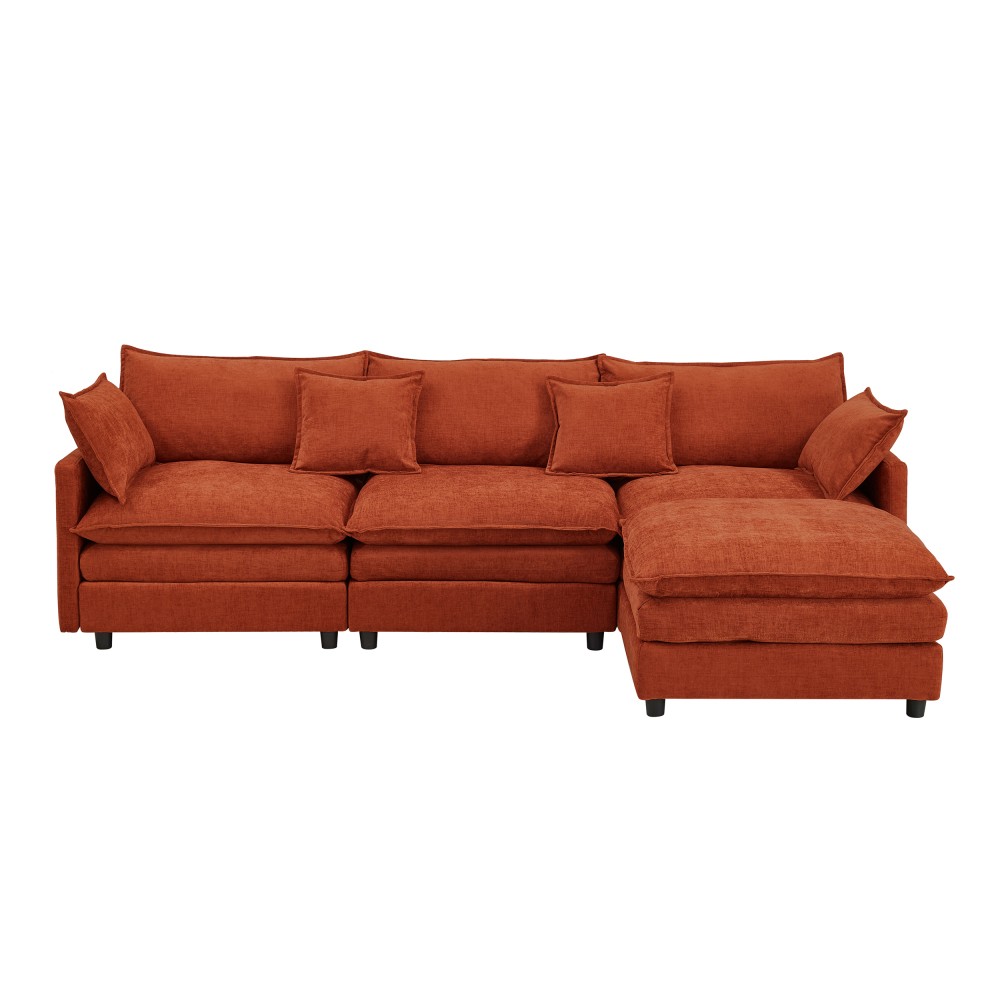 Chenille Sectional Sofa, L-Shaped 3-Seater Modular Couch w/ Ottoman, Dark Orange