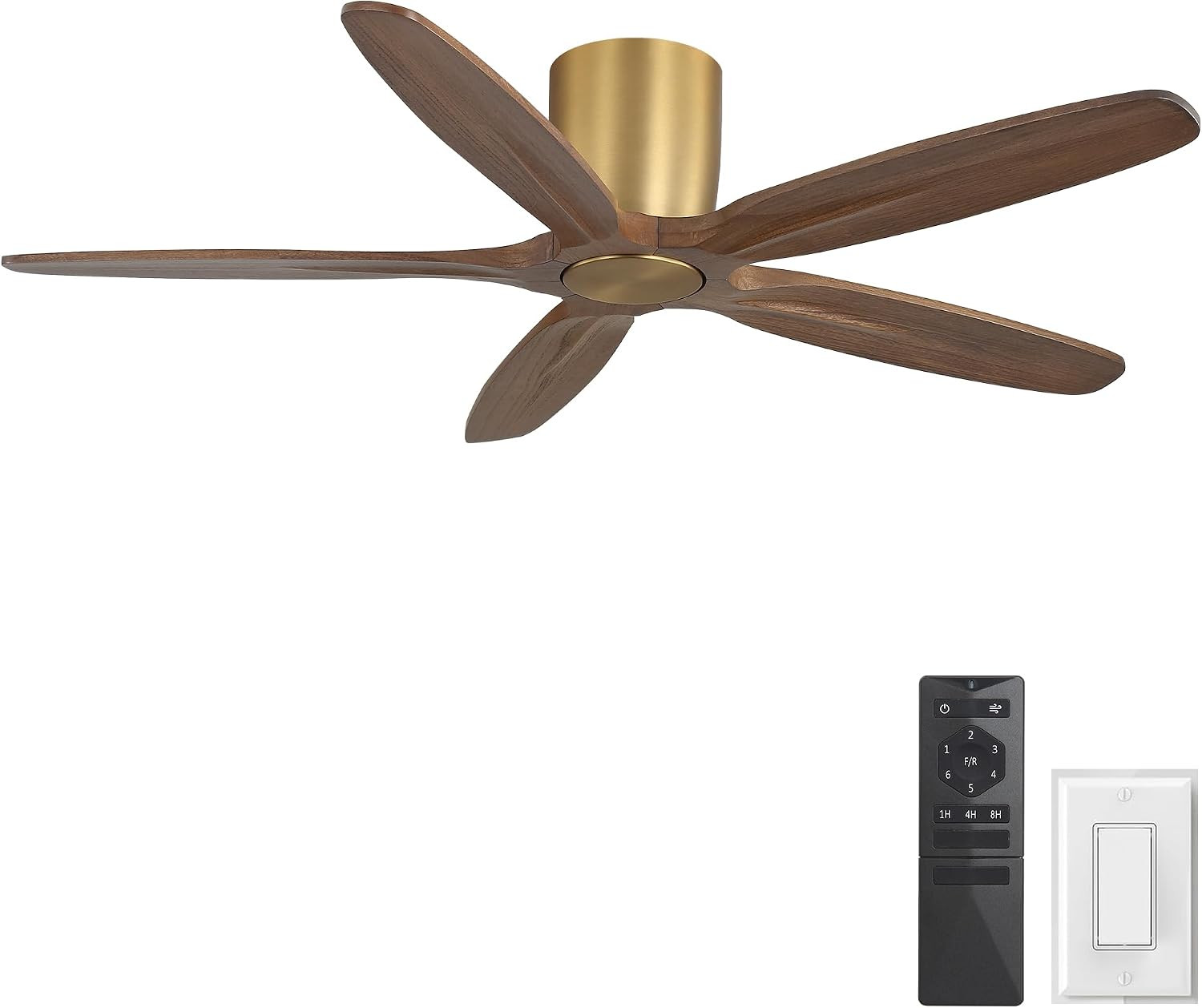 54" Flush Mount Ceiling Fan No Light - 5 Carved Solid Wood Blades, 6-Speed Rever