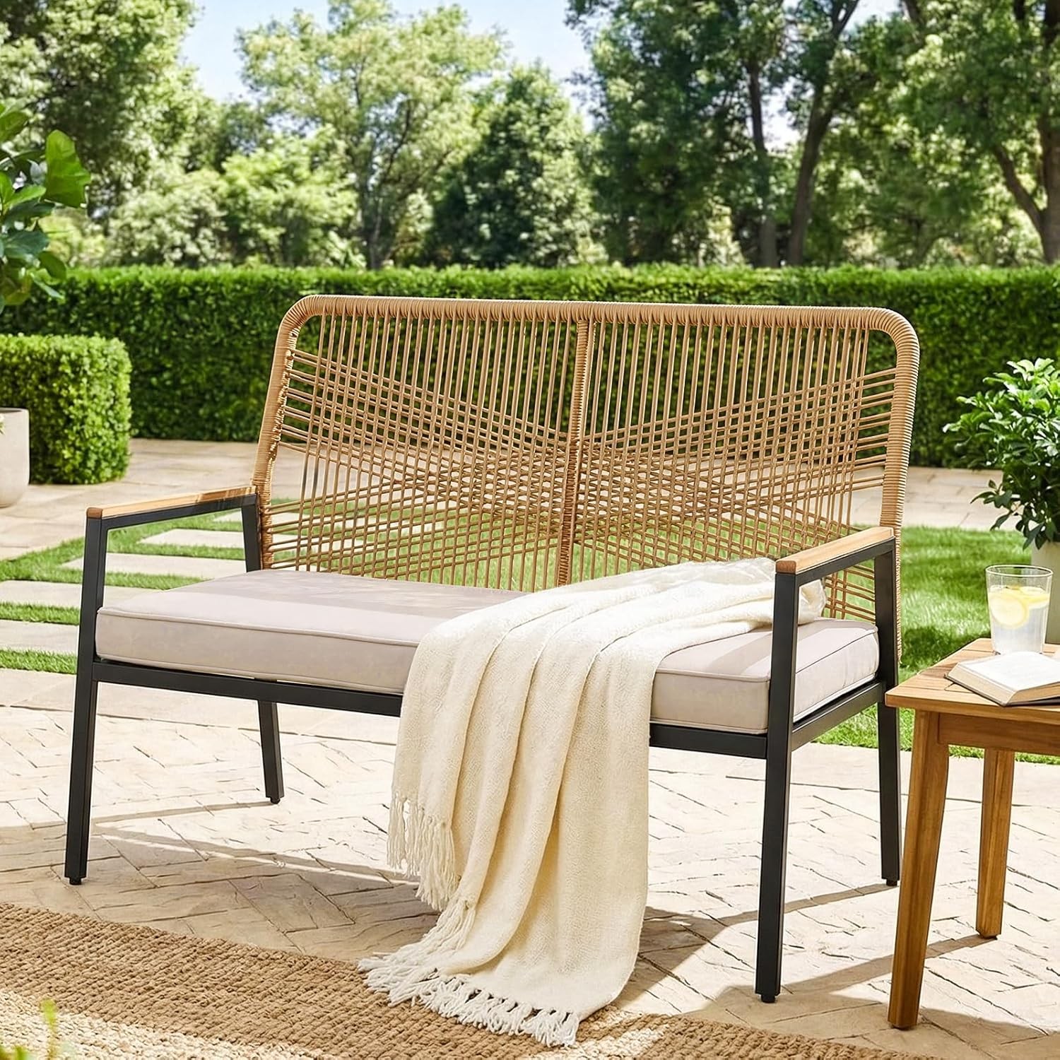Patio Bench Outdoor Rattan Love Seat Chair Garden Porch Bench 3.15in Cushion