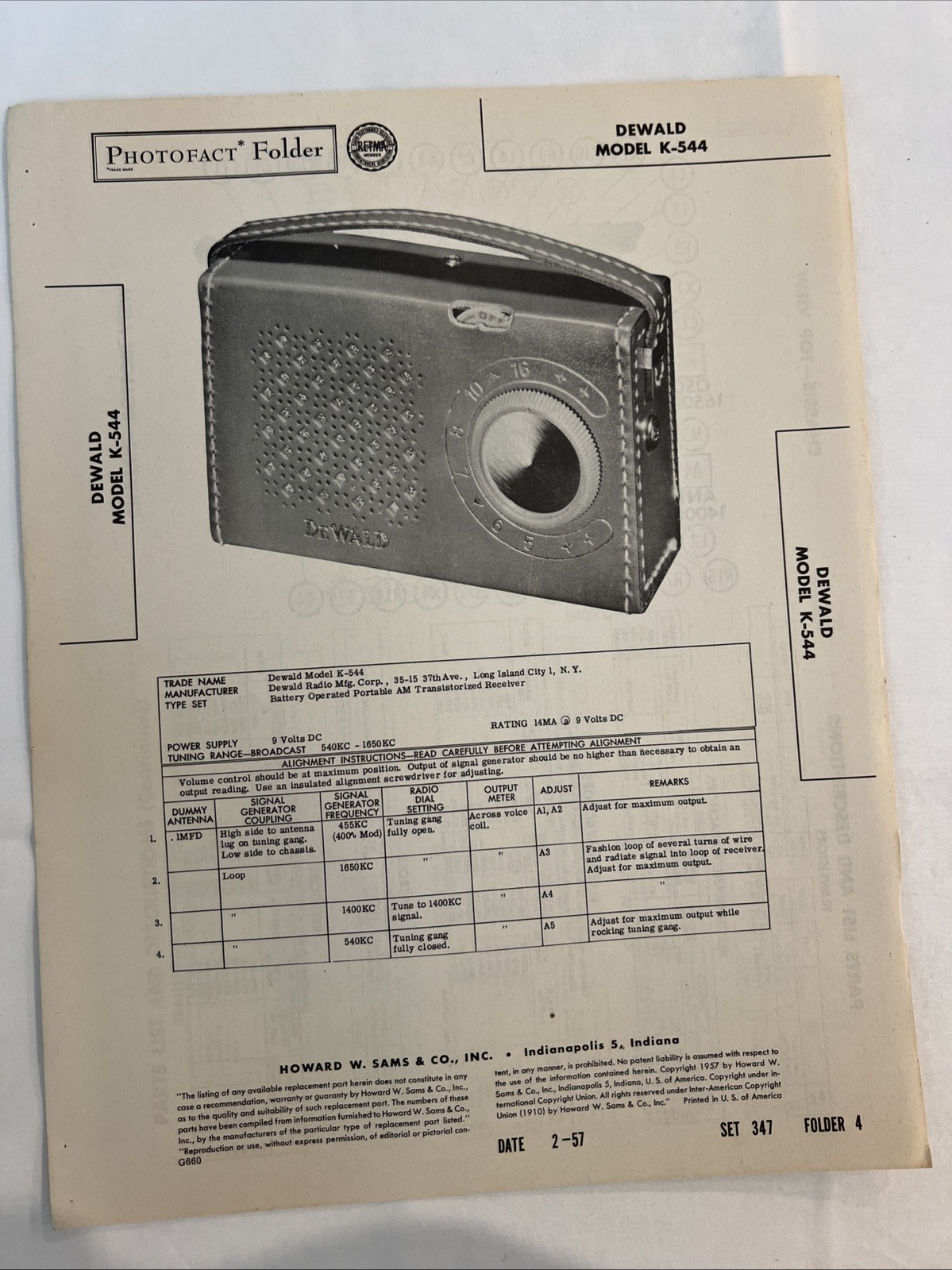 Vintage Sams Photofact Schematic 2-1957 DEWALD MODEL K-544