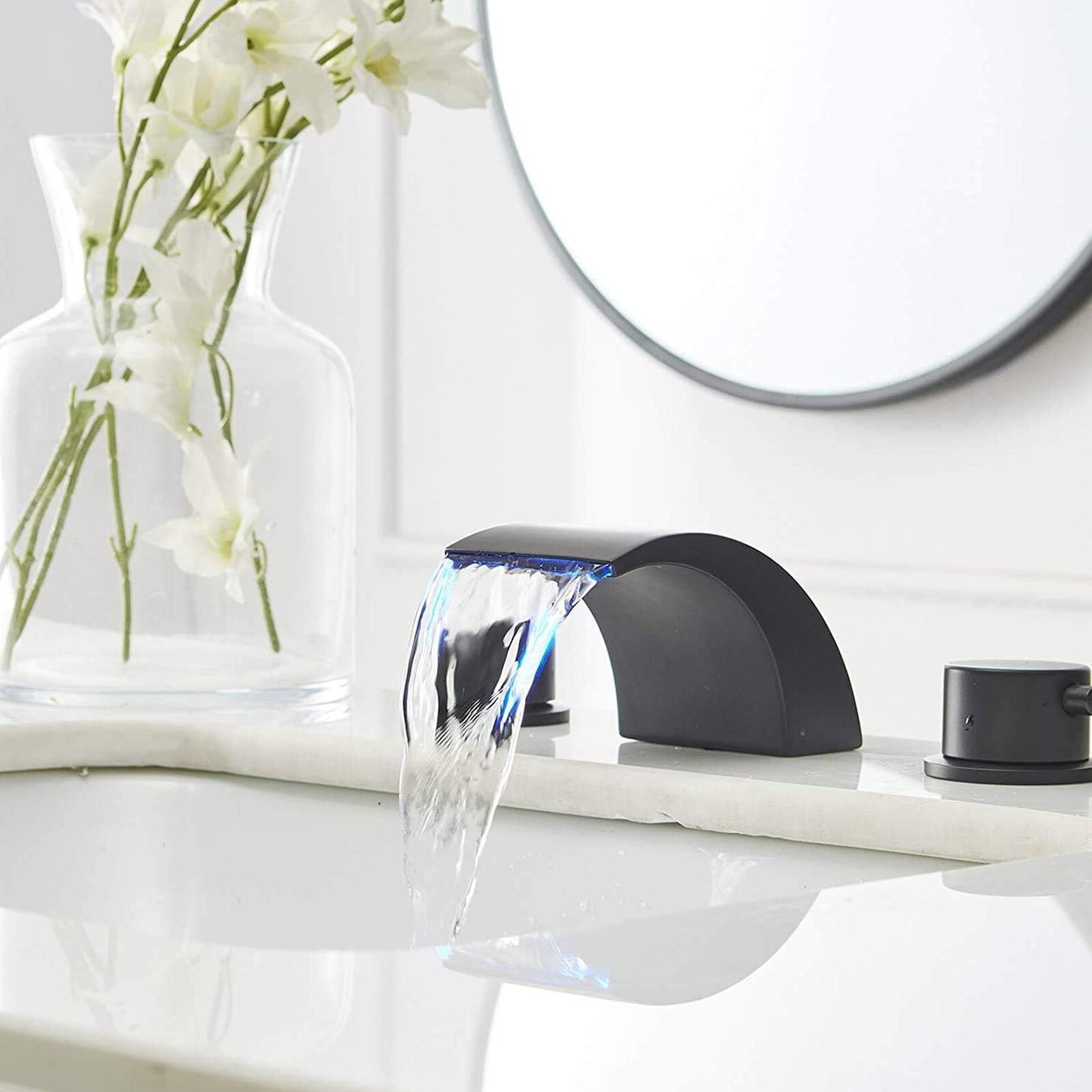 LED Waterfall Bathroom Sink Faucet 3 Hole 2 Handle Vanity Basin Mixer Taps Black