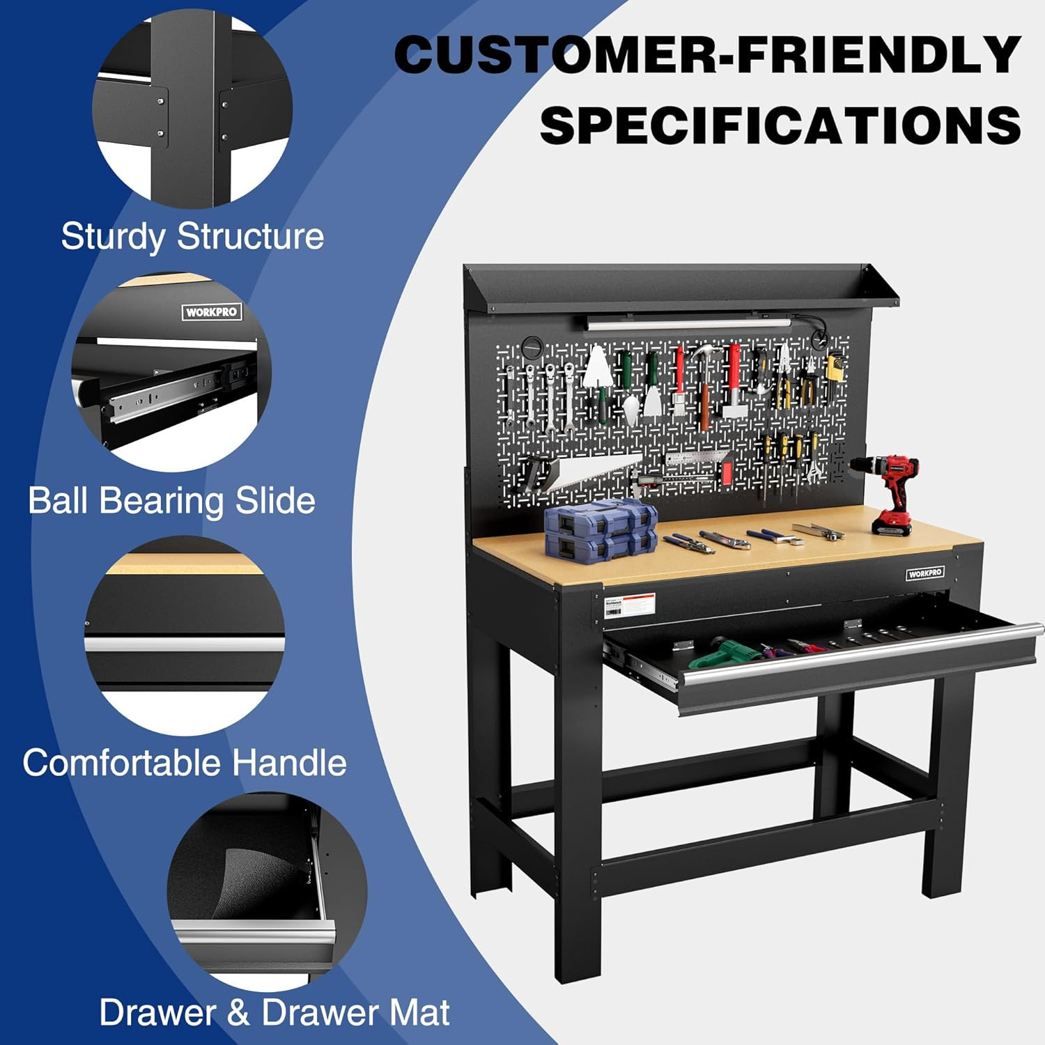 WORKPRO Garage Workbench with Storage, 45" Workbench with Pegboard, Power Outlet