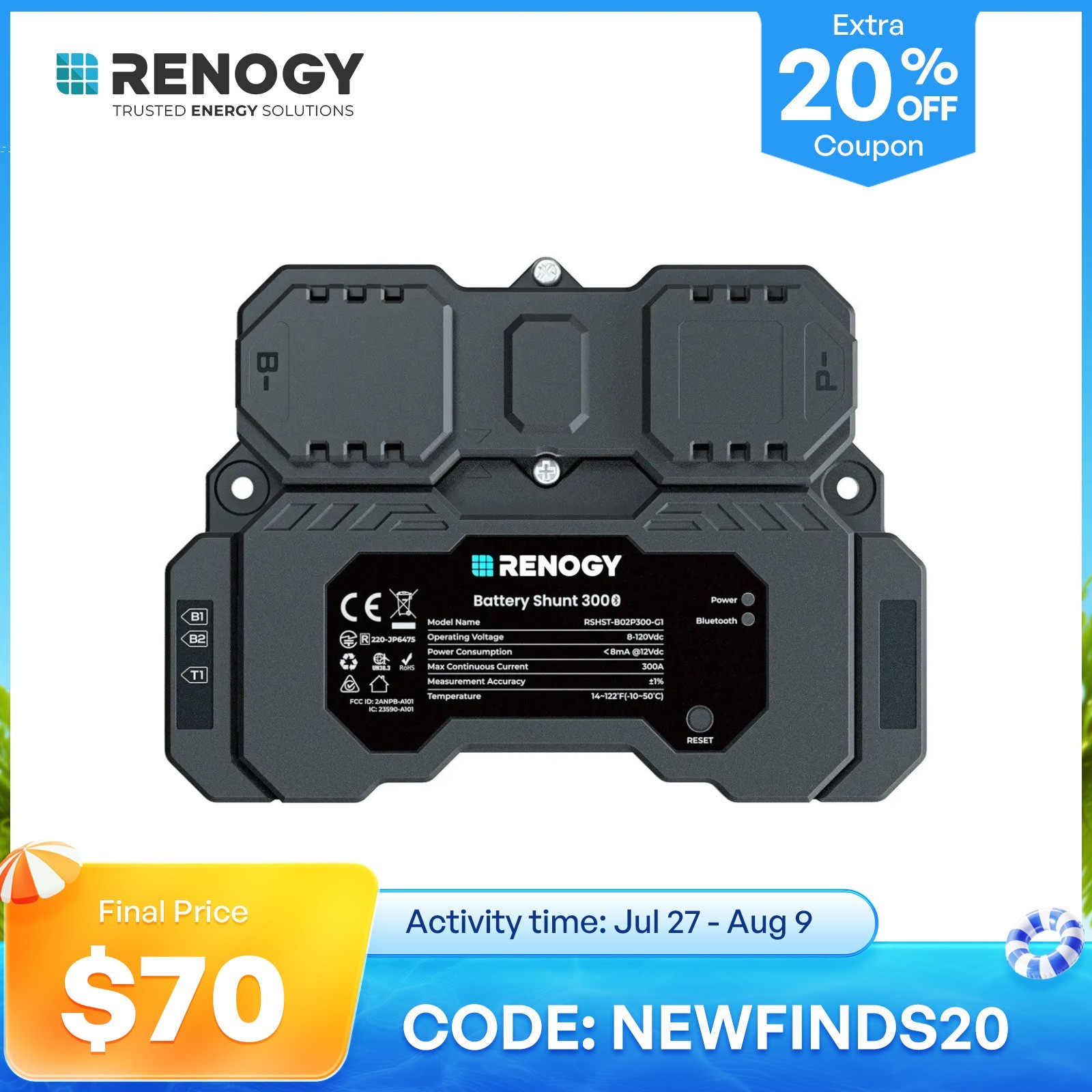 Renogy Battery Shunt 300 Remote Battery Monitoring 8V-120V up to 500A