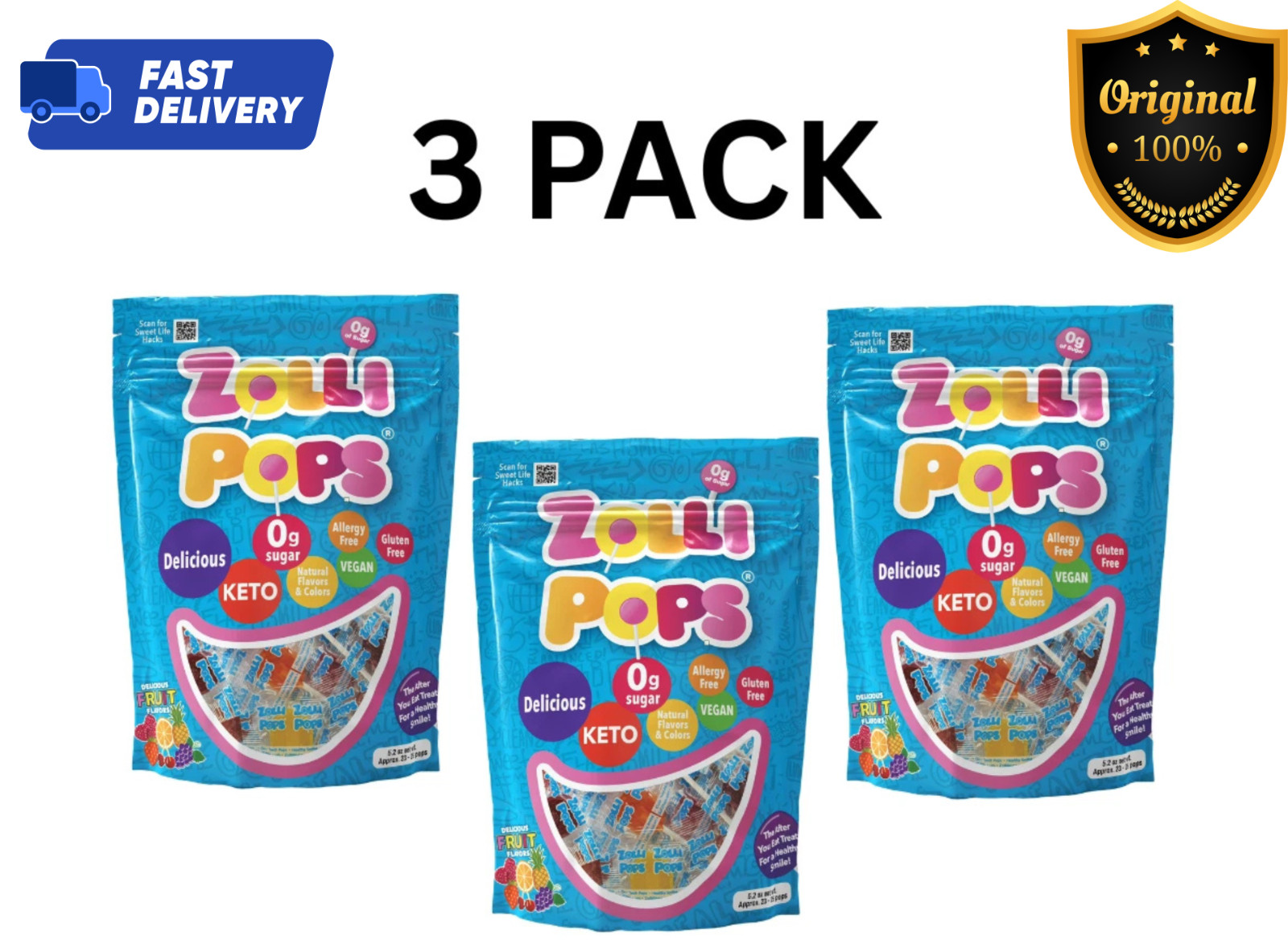 ZOLLIPOPS Sugar Free Lollipops Healthy Candy Allergen Free Fruit Flavors 3 Pack