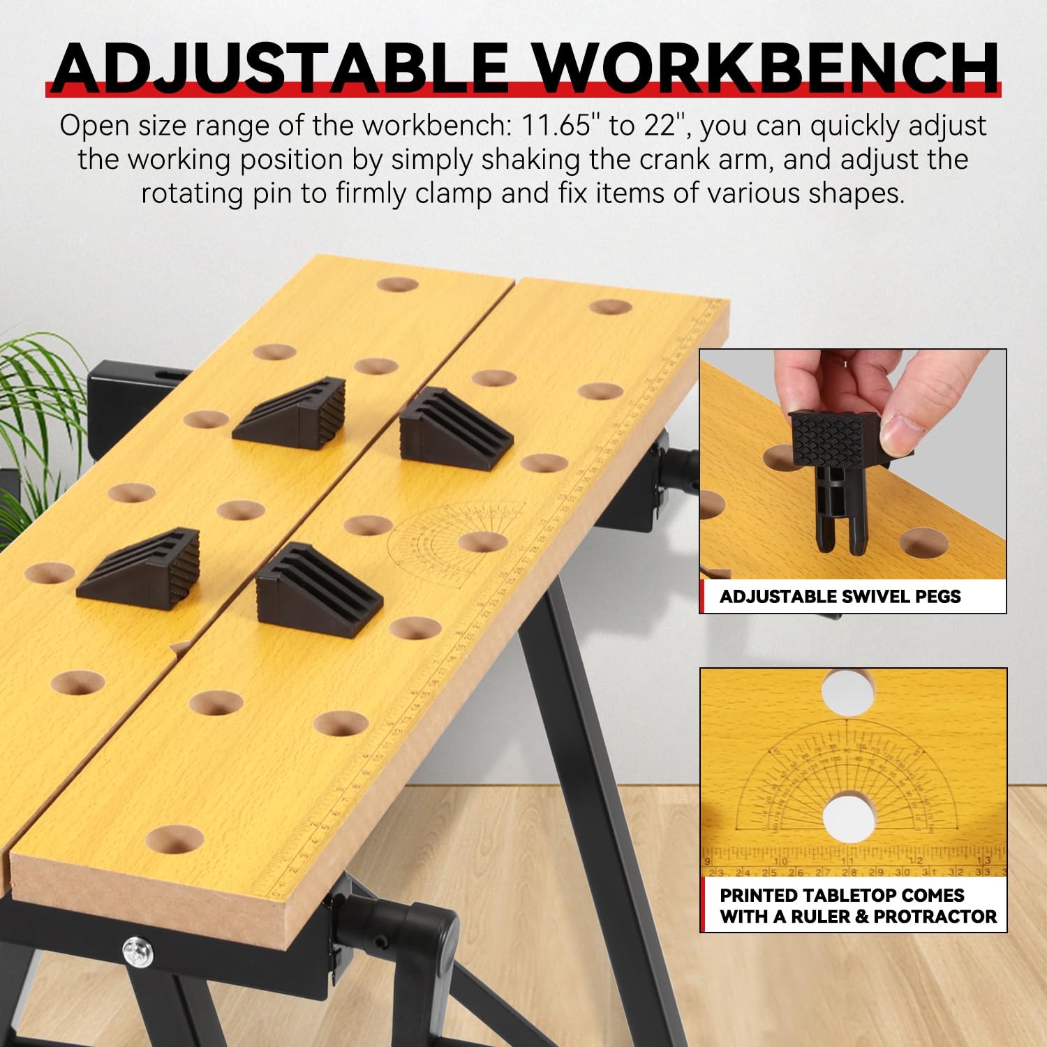 Auto Dynasty Adjustable Folding Workbench with Built-in Ruler & Yellow