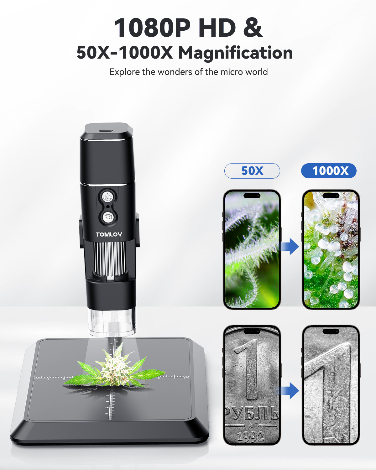 TOMLOV WiFi Digital 1000X Magnification USB Coin Microscope Camera Observation