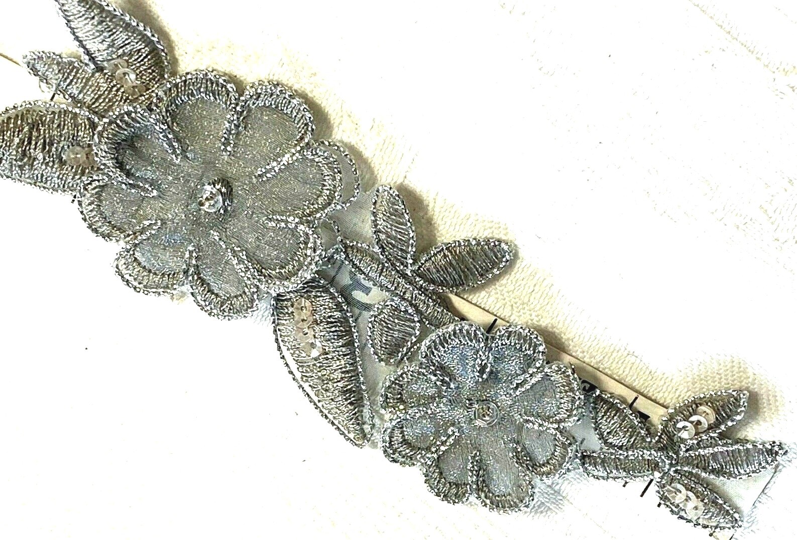 appliques  2x5.5" soutache flowers beads sequins 1pc silver gray
