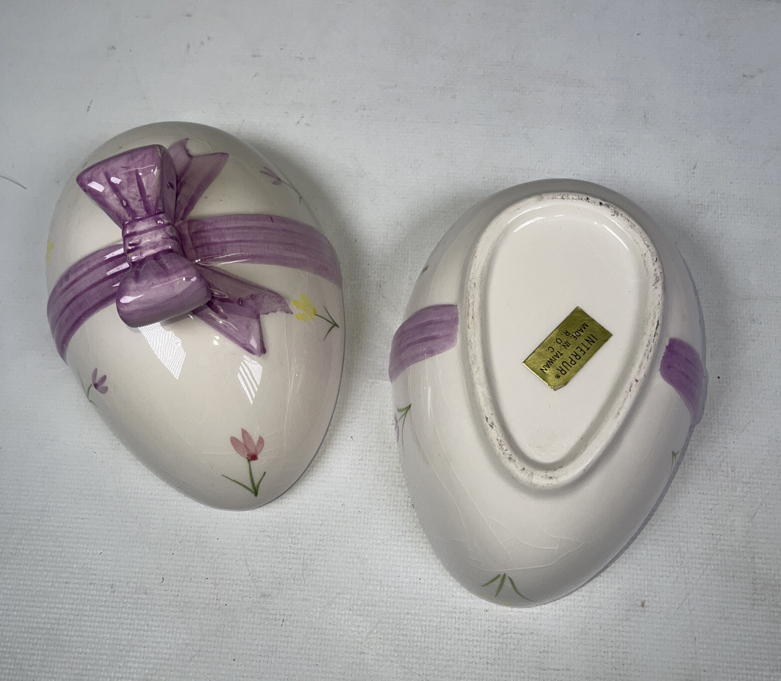 Interpur Porcelain Easter Egg Trinket Box Pink Bow Flowers