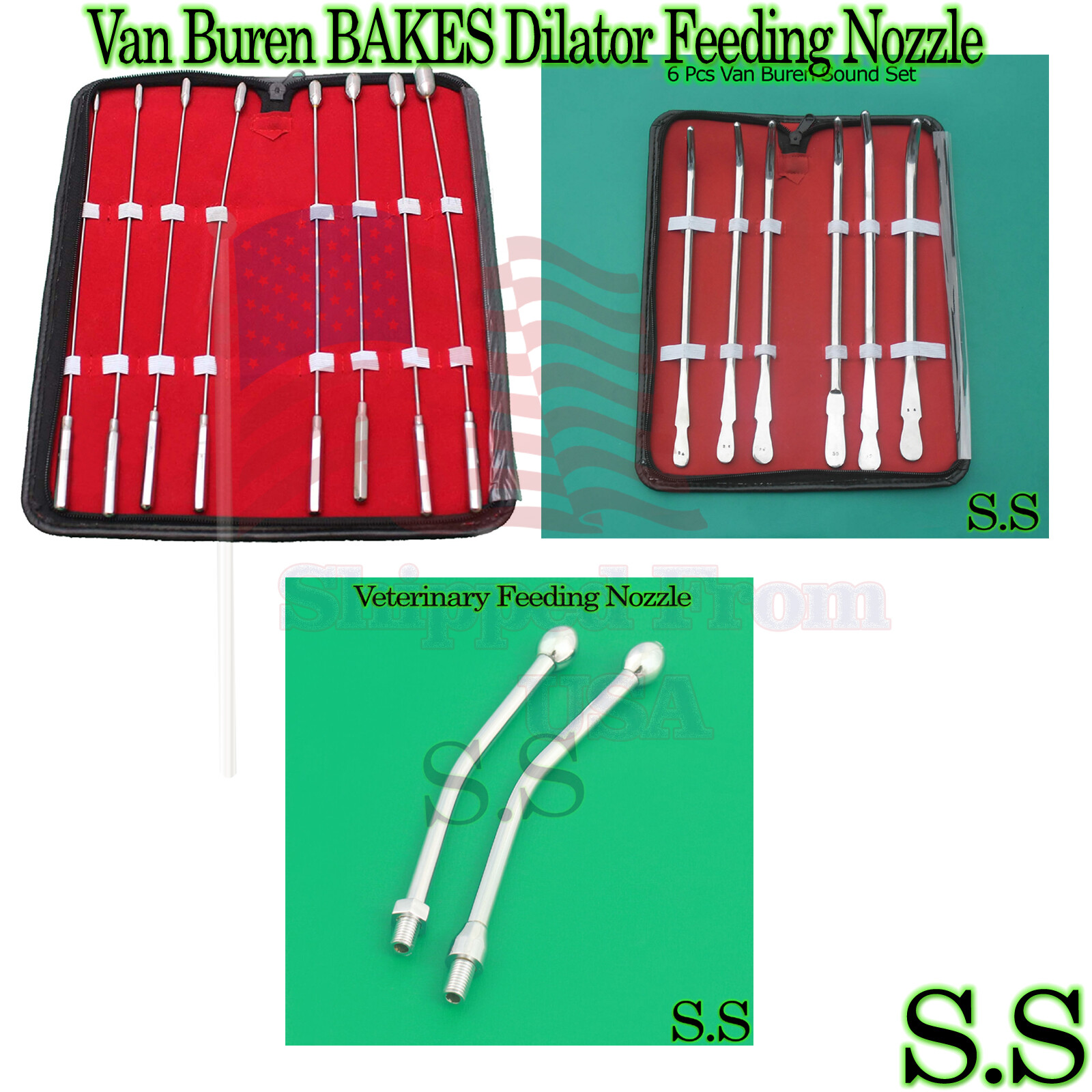 BAKES Dilator + Van Buren Sound Set & Veterinary Feeding Nozzle Instruments