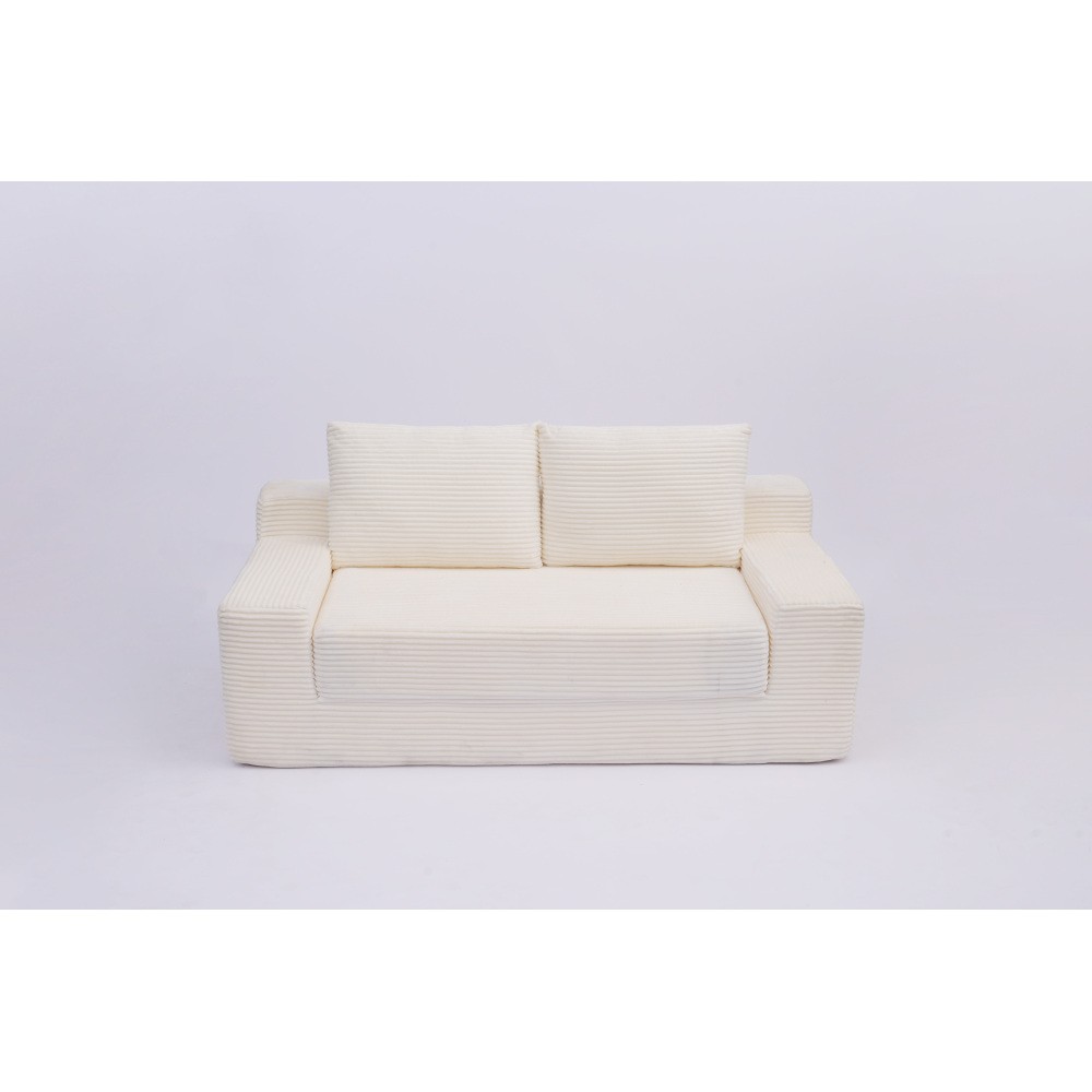 Modern Loveseat Sofa Bed w/Reversible Cushion & Pillows, White Corduroy