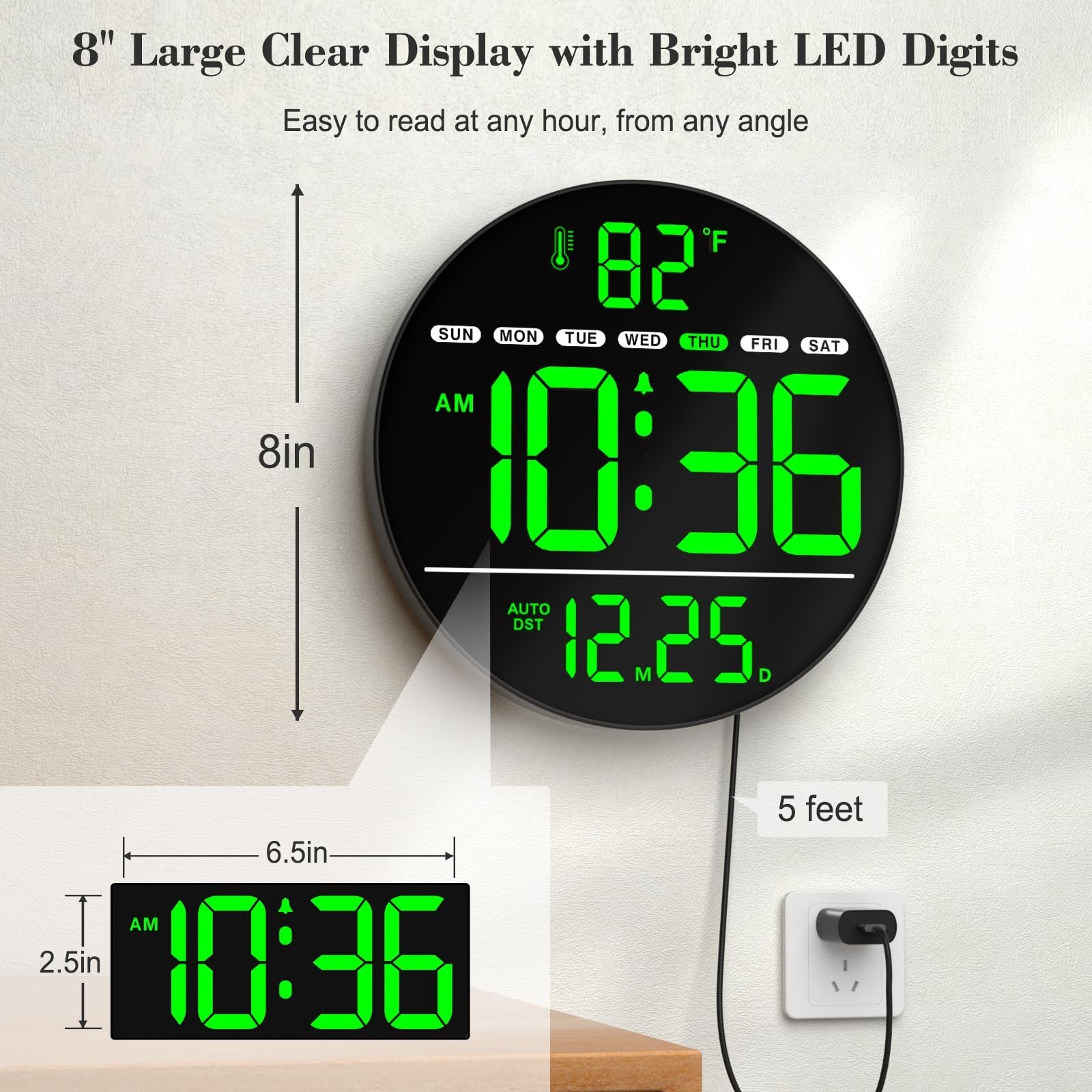 Electric Large Digital Wall Clock with LED Display | PLUG IN clock with Tempe...