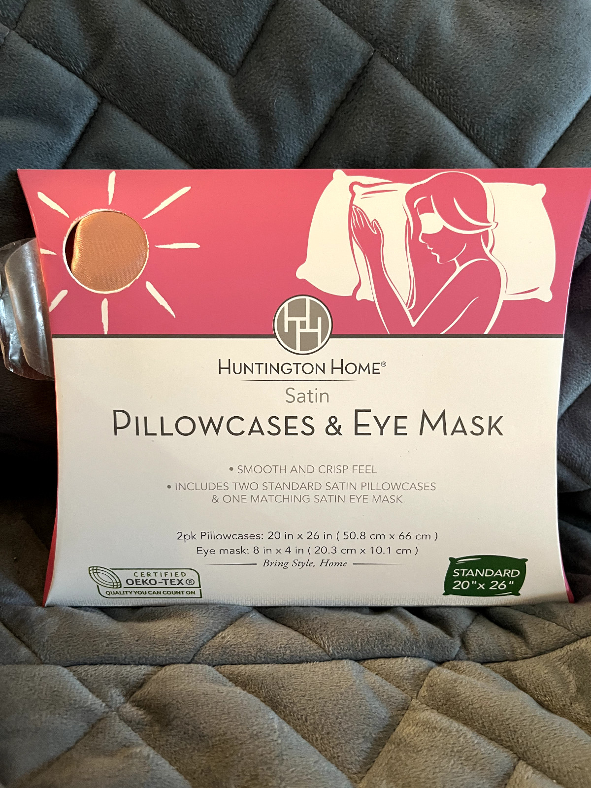 HUNTINGTON HOME SATIN PILLOWCASE 2 PACK AND EYE MASK PINK - NEW IN PACKAGE
