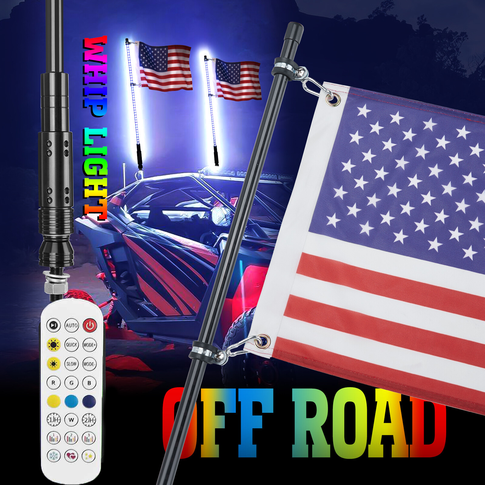 Pair 3FT Smoked Whip Lights LED RGB Antenna Chase w/Flag & Remote for UTV ATV