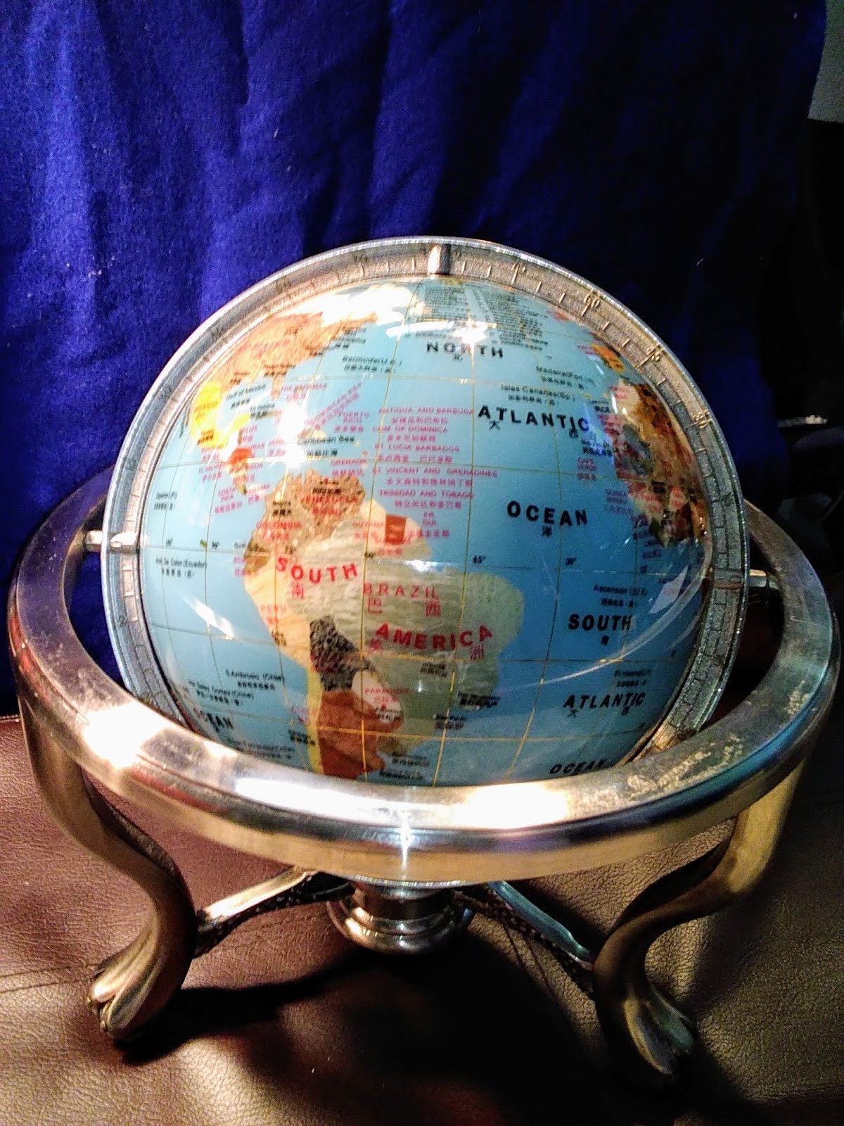 Tabletop World Globe Rotating Decorative Blue Silver Metal Base Freestanding