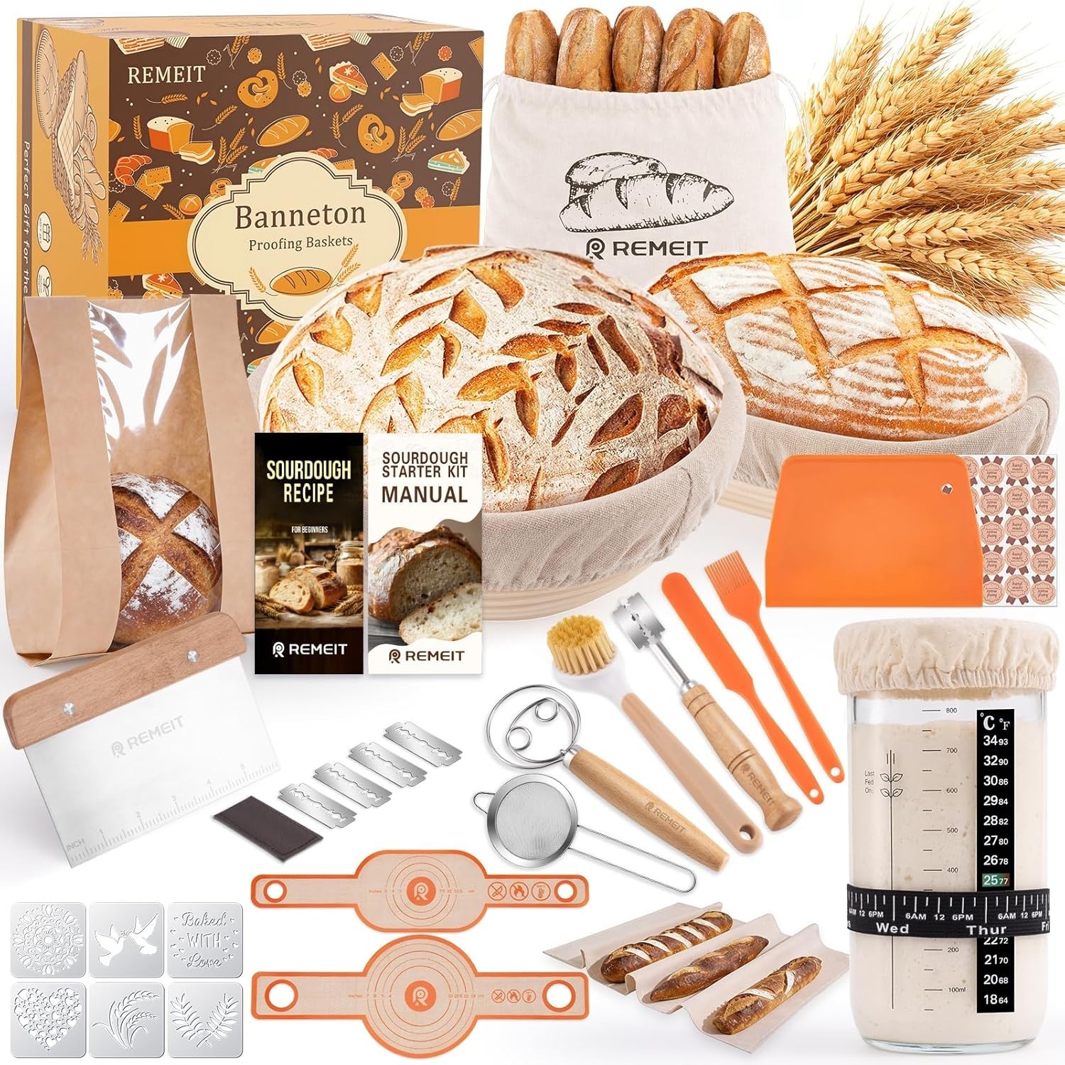 Complete Sourdough Starter Set with Handmade Rattan Baskets & Tools - Gift Ready