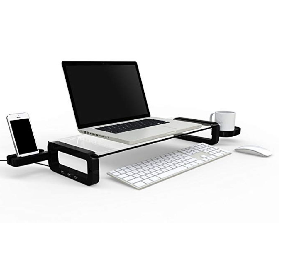 UBOARD SMART - Tempered Glass Monitor Stand (Built-in 3 Port USB 2.0 Hub) Black