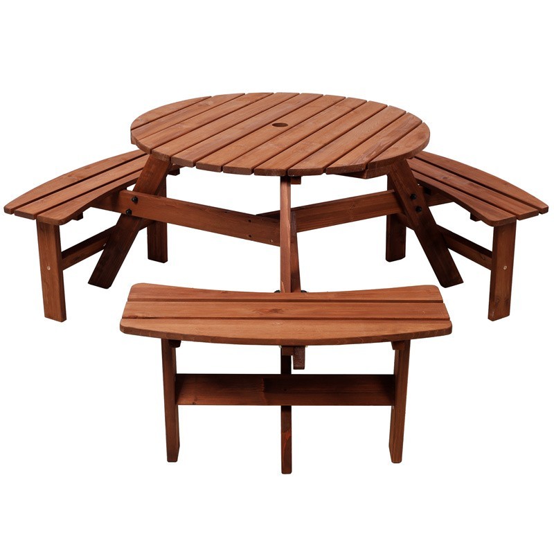 6 Person Kids Outdoor Wooden Picnic Table w/3 Built-in Benches & Umbrella Hole