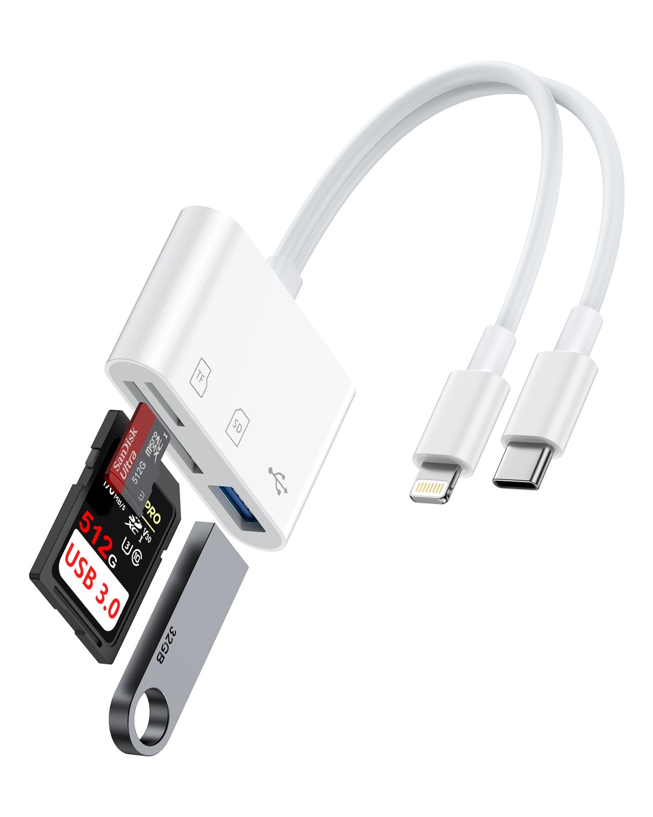 SD Card Reader for iPhone, iPad, Samsung, Memory USB White