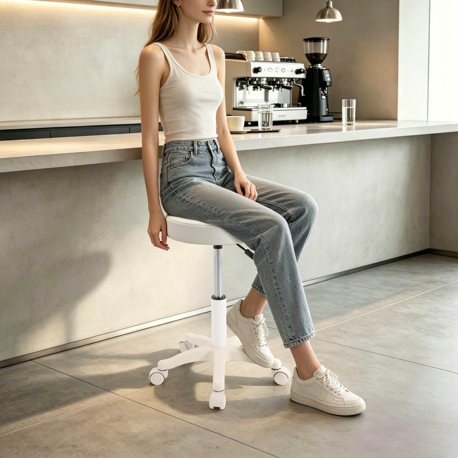 PU Leather Round Rolling Stool with Wheels, Height Adjustable Bar Stool