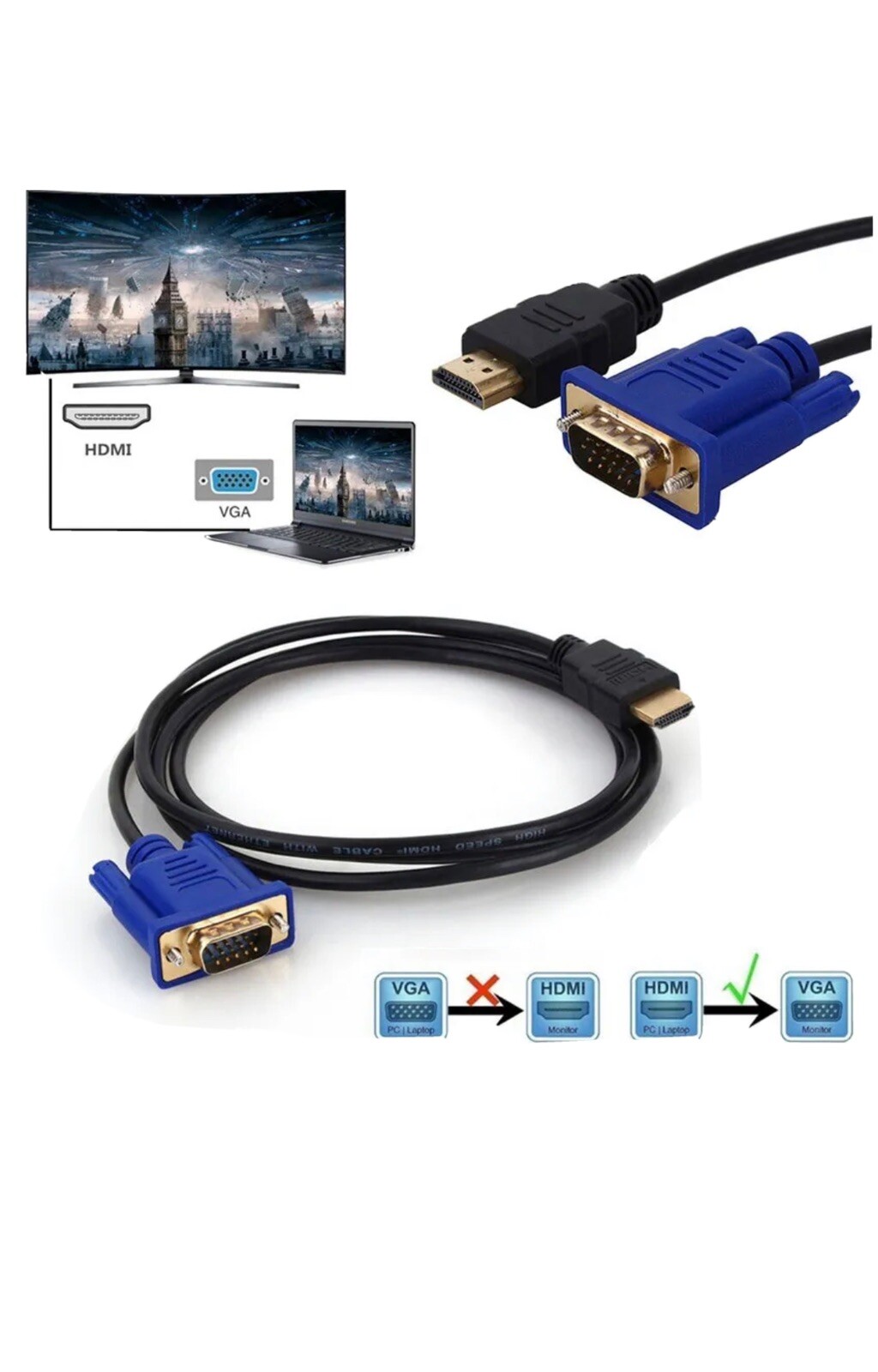 Cable Adaptador HDMI Macho a VGA Macho para PC DVD 1080P HDTV de 6 pies.
