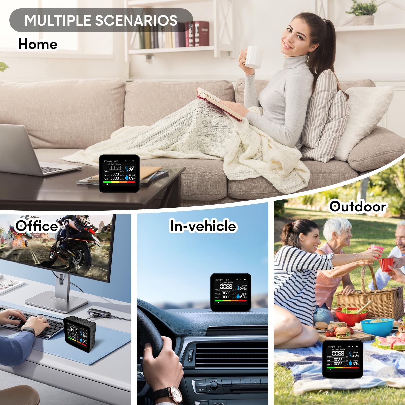 9-in-1 Indoor Air Quality Monitor: Detects PM2.5, PM1.0, PM10, CO2, CO, TVOC,...