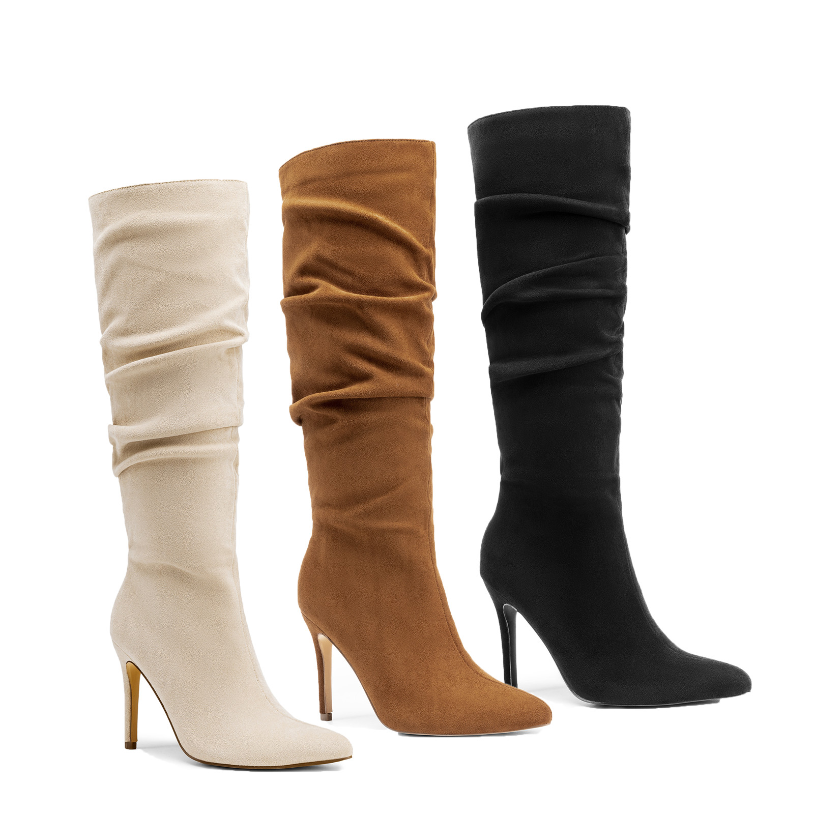 Women Pointed Toe High Heel Stilettos Side Zipper Slouchy Suede Knee High Boots