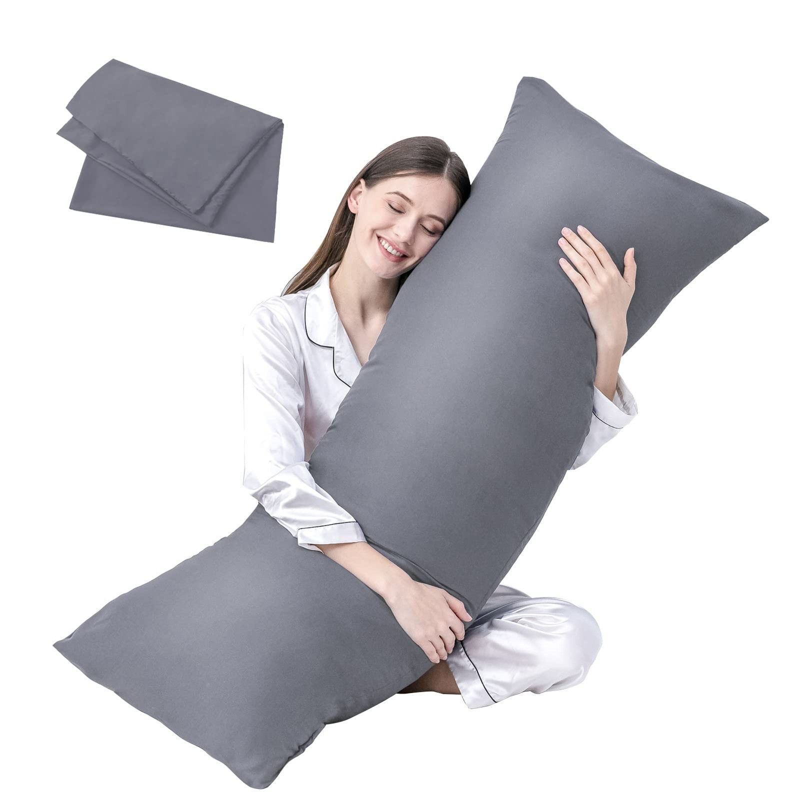 DOWNCOOL Luxury Full Body Pillow Insert with Fiber Cover - With Cover, Grey