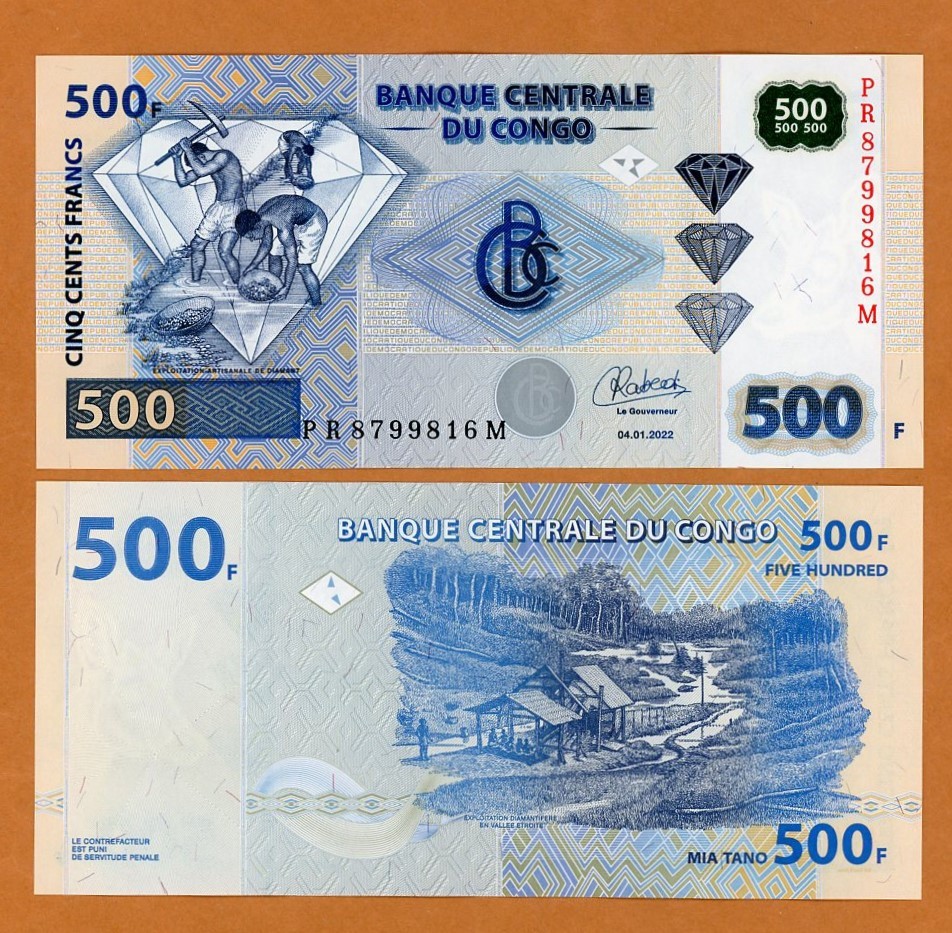 Congo D. R. 500 Francs, 2022, P-New, UNC Diamond Mining