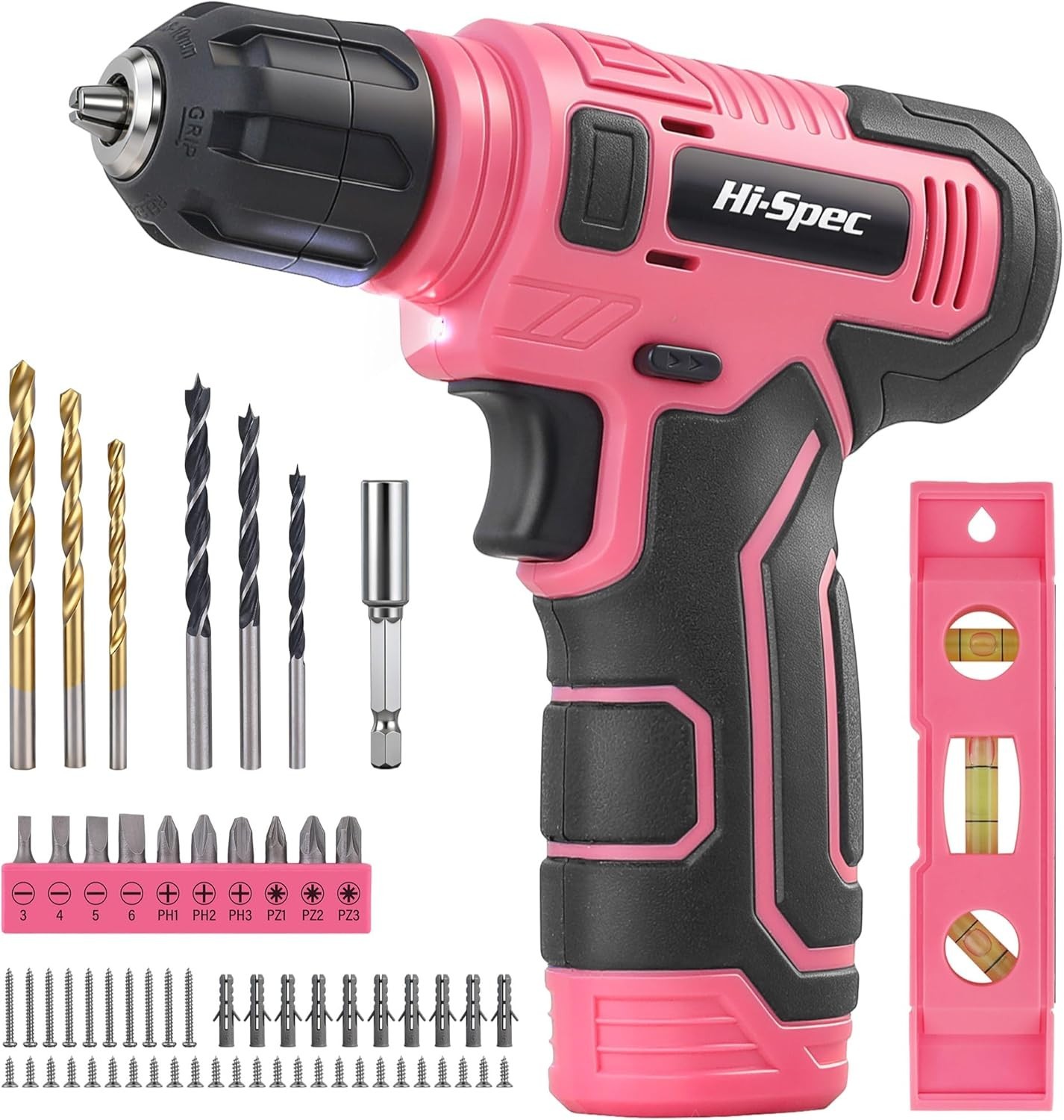 Hi-Spec 8V Pink Cordless Drill Driver Set USB Rechargeable w/ Screw Bits