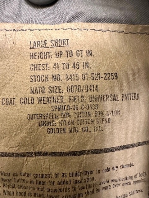 UA Army Coat Cold Weather Field Jacket Large Short