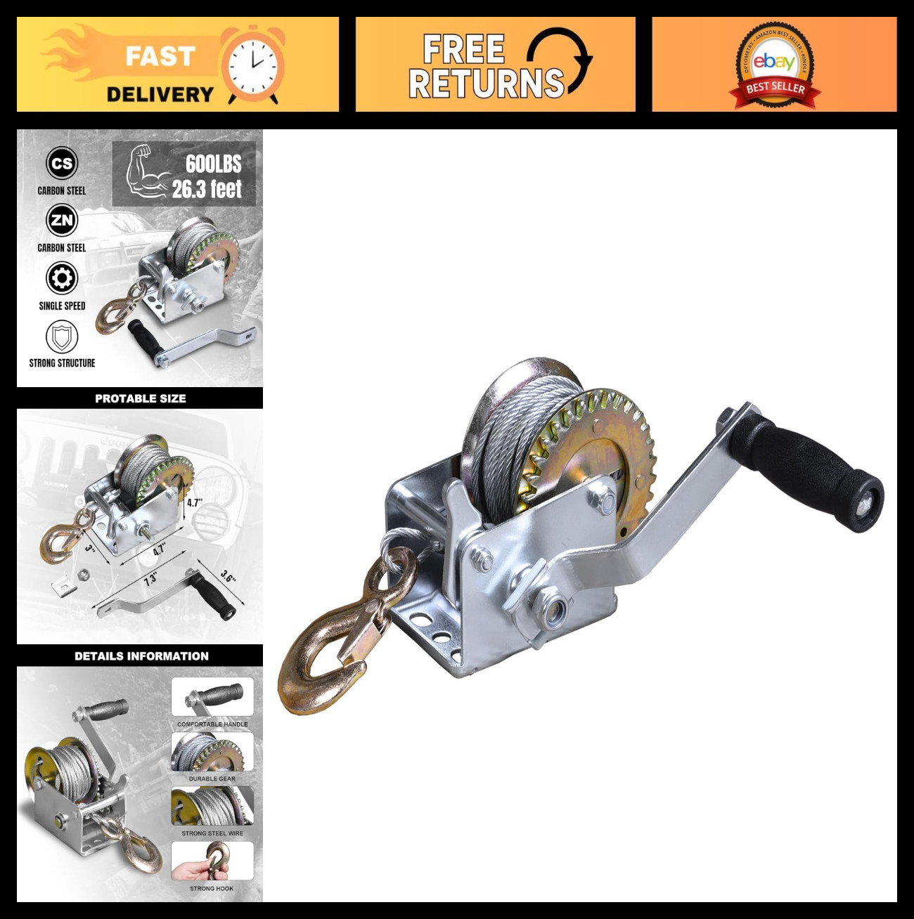 Manual Hand Crank Winch 600lbs Capacity, 26.3ft Steel Cable, Heavy Duty Silver