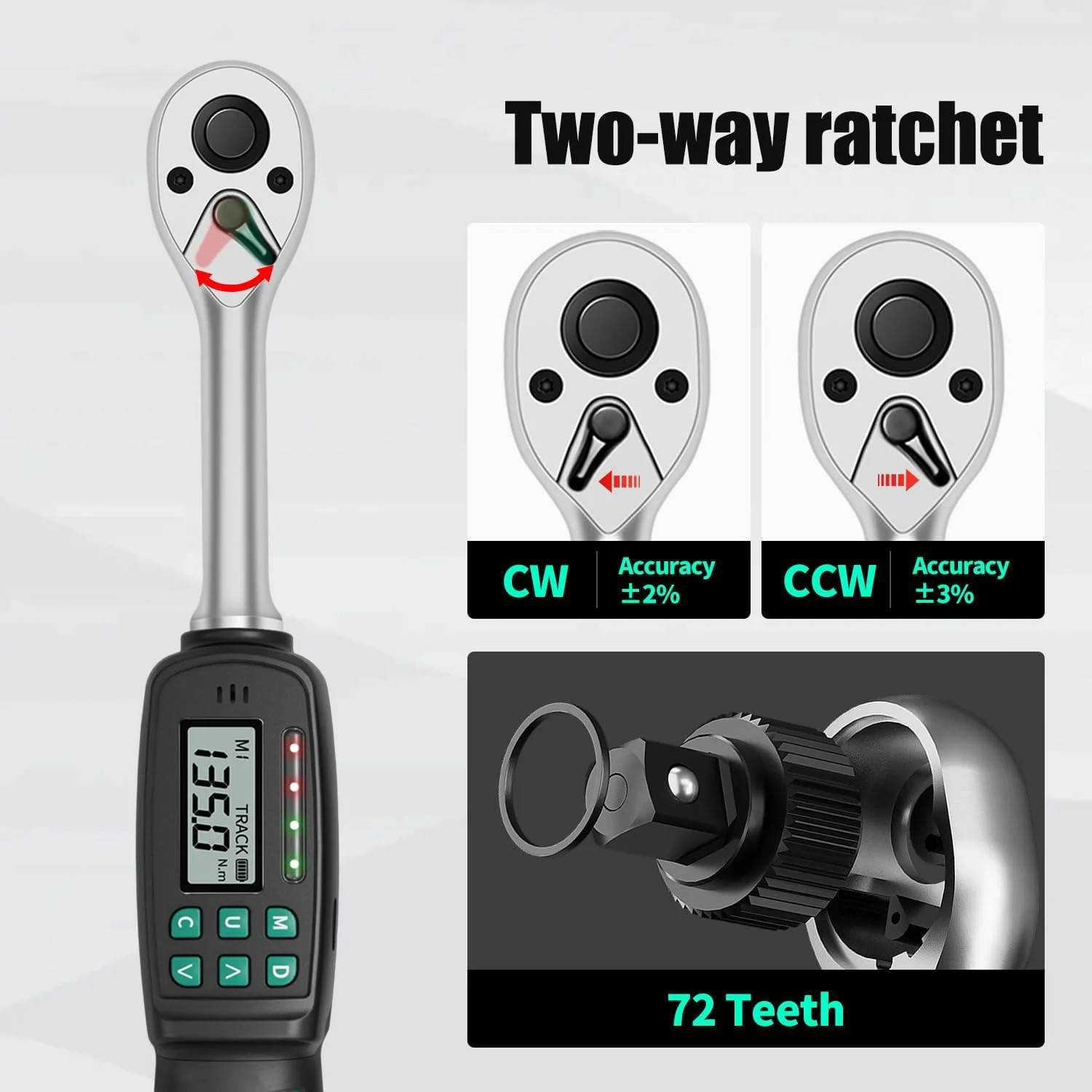 1/2" Digital Torque Wrench ±2% Accuracy (5-99.5 ft-lb) - Buzzer/LED Overload Ale