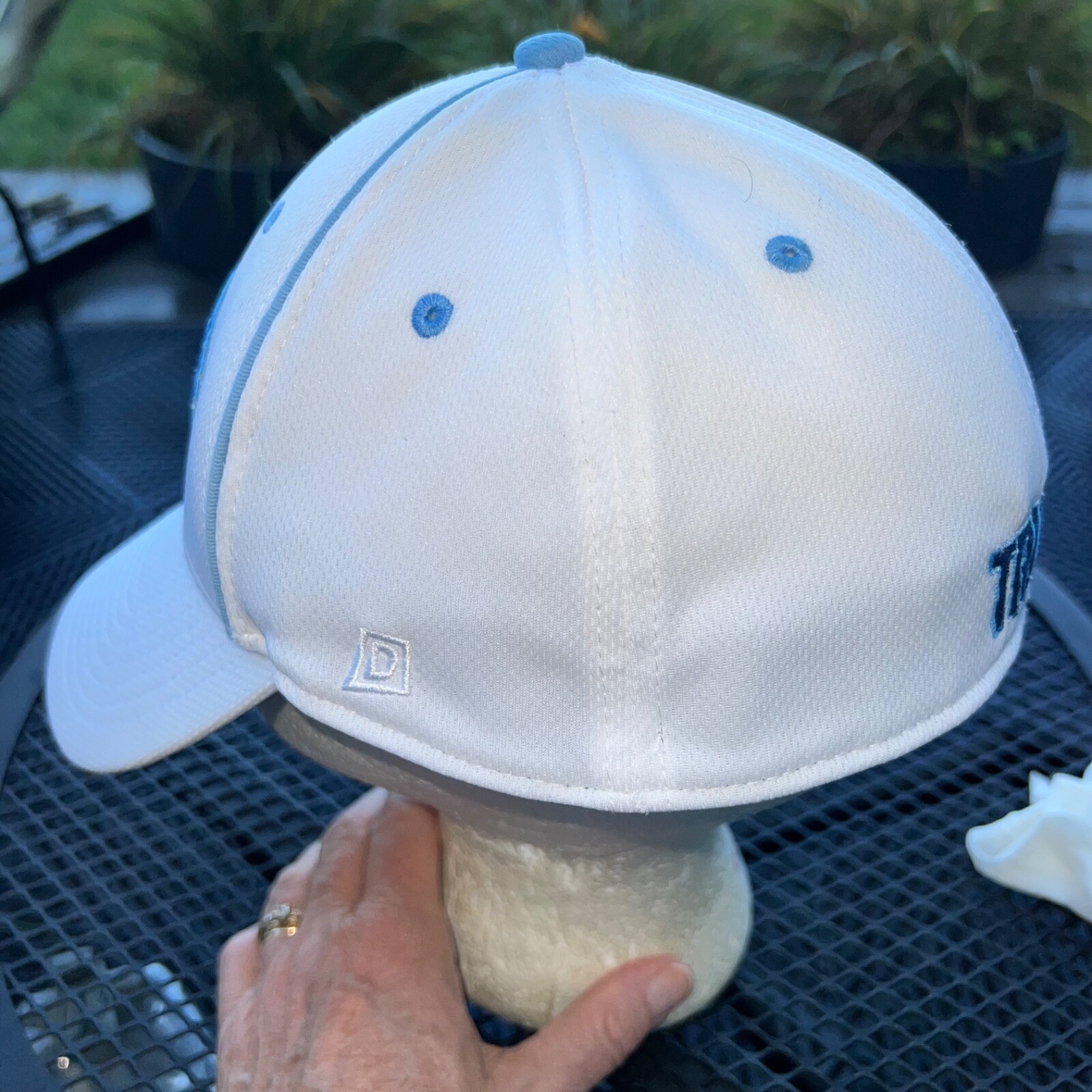 Trinity roll Trolls white w light blue Hat Cap Flex Band M/L Troll Patch Front.