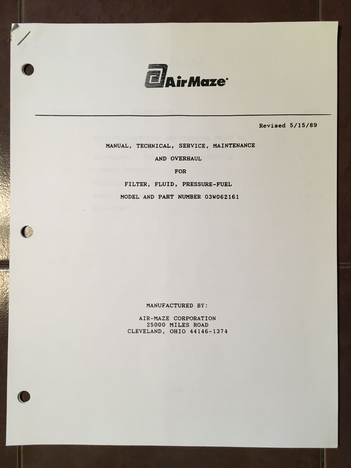 AirMaze Filter O3W062161 Service & Overhaul Manual