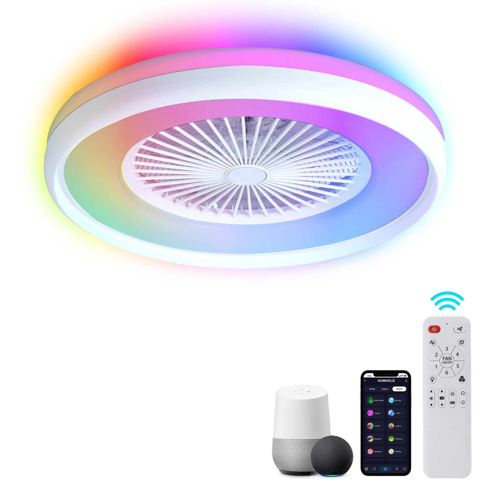 HUMHOLD small 24" Bladeless Ceiling Fan with RGB Light, Voice/APP Control, white