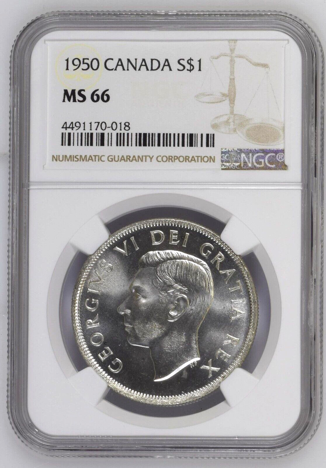 1950  NGC Graded Canadian Silver Dollar MS66 *ISLAND LOGS VARIETY*