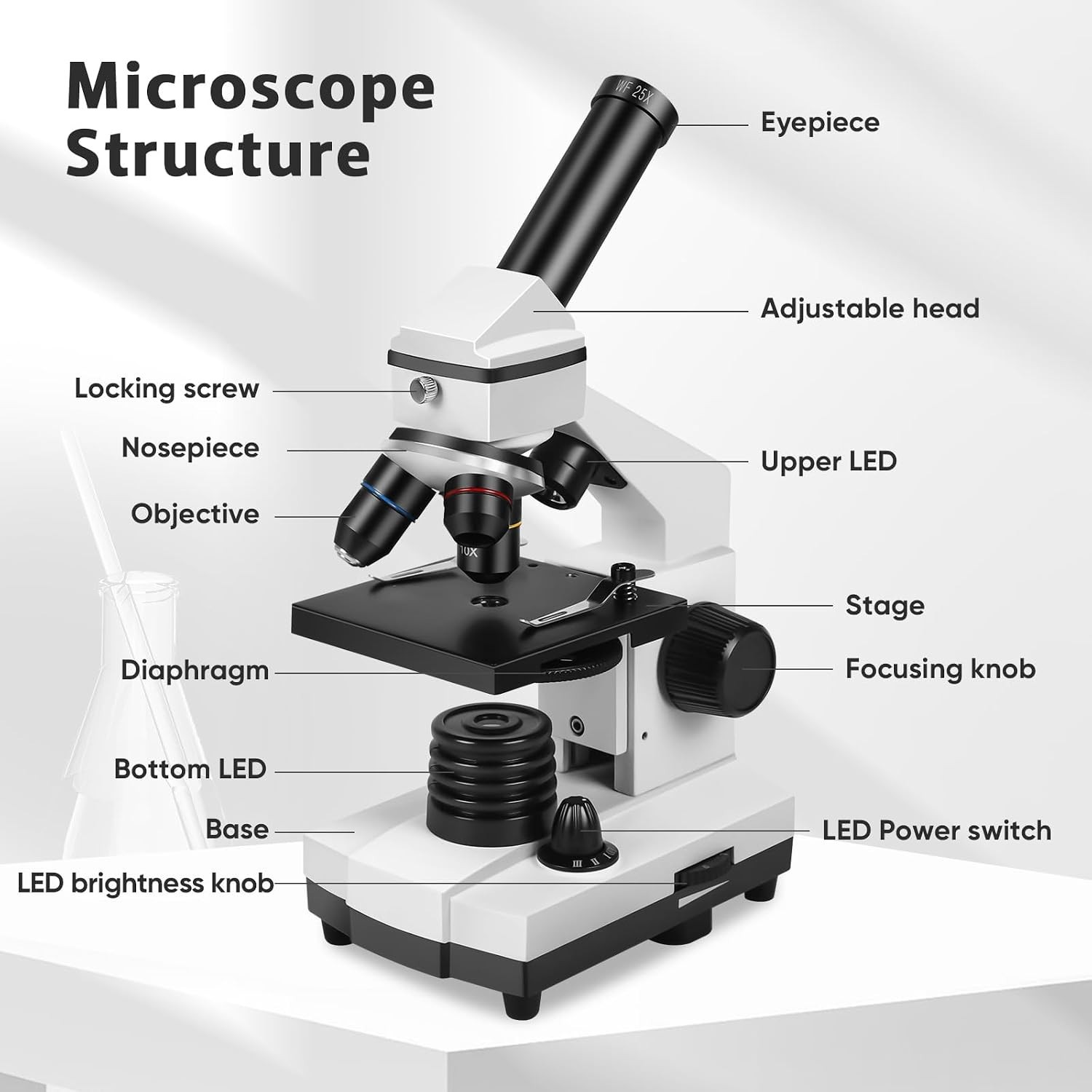 Compound Microscope, 100X-2000X, LED Light, Smartphone Adapter, White