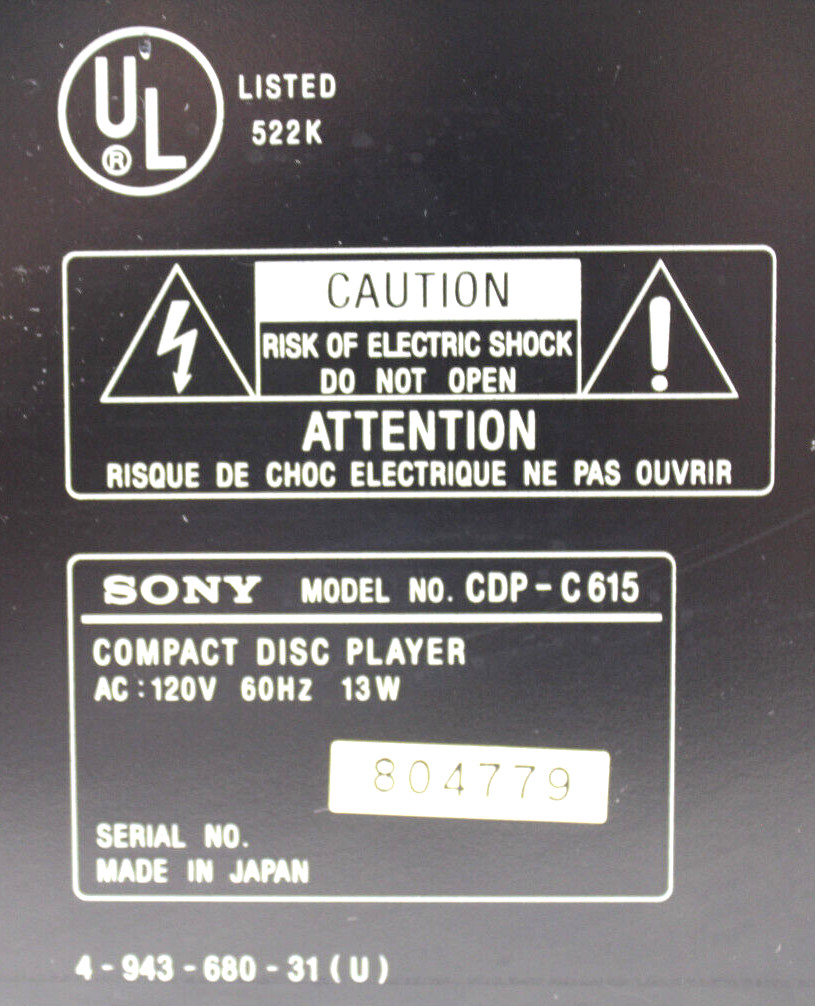 SONY CDP-C615 5 Disc Automatic Disc Loading System Tested w/o Remote