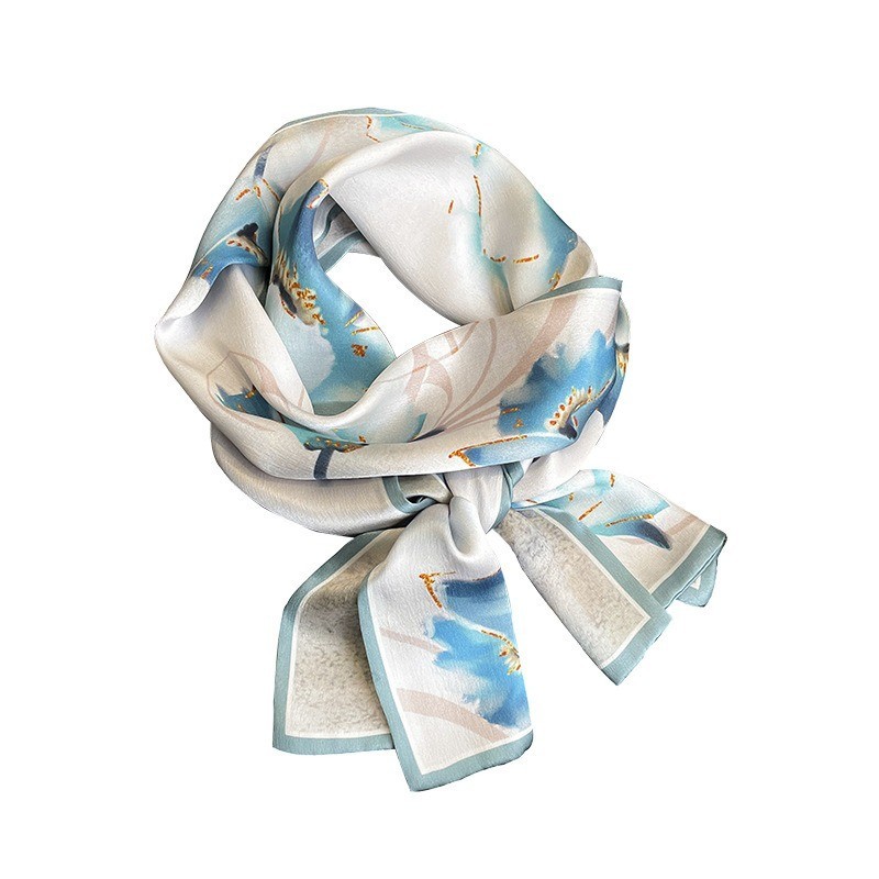 Double Side 100% Silk Long Scarf Women White Blue Lotus Neckerchief 150*15cm