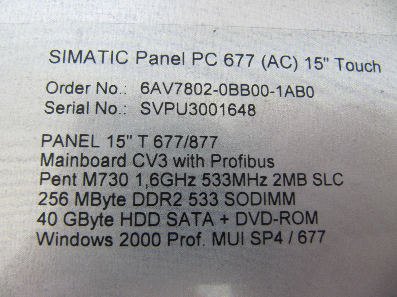 Siemens Simatic Panel PC 677 15" Touch 6AV7802-0BB00-1AB0