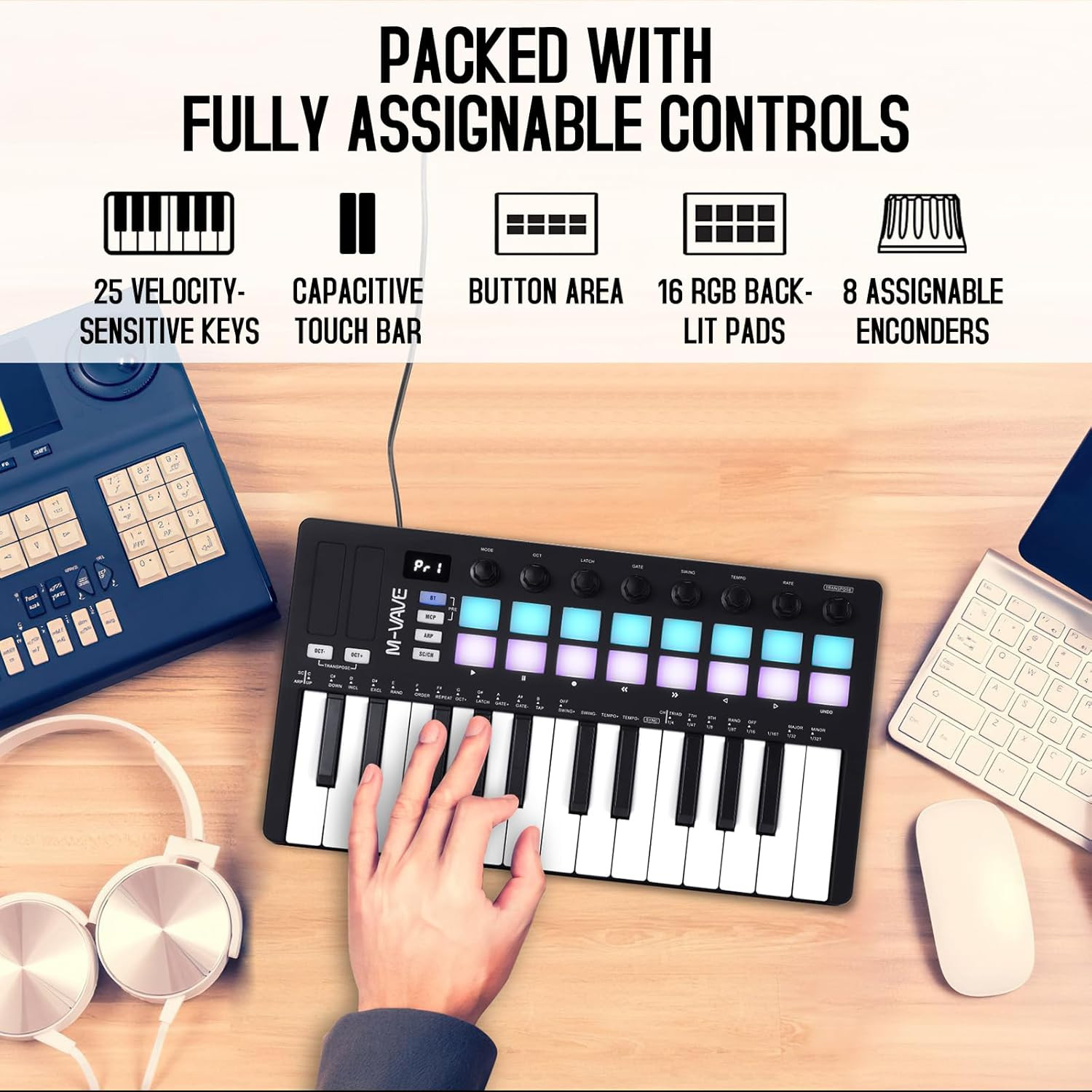 M-WAVE MIDI Keyboard Controller - USB Bluetooth - 25 Key, 16 Pads, Knobs