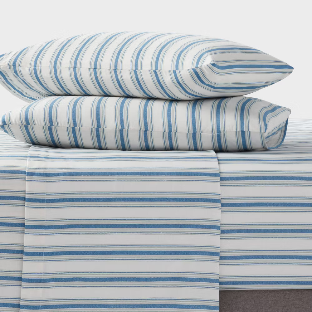 Full Cotton Blend Sateen Sheet Set Blue/Green Textured Stripe - Room Essentials