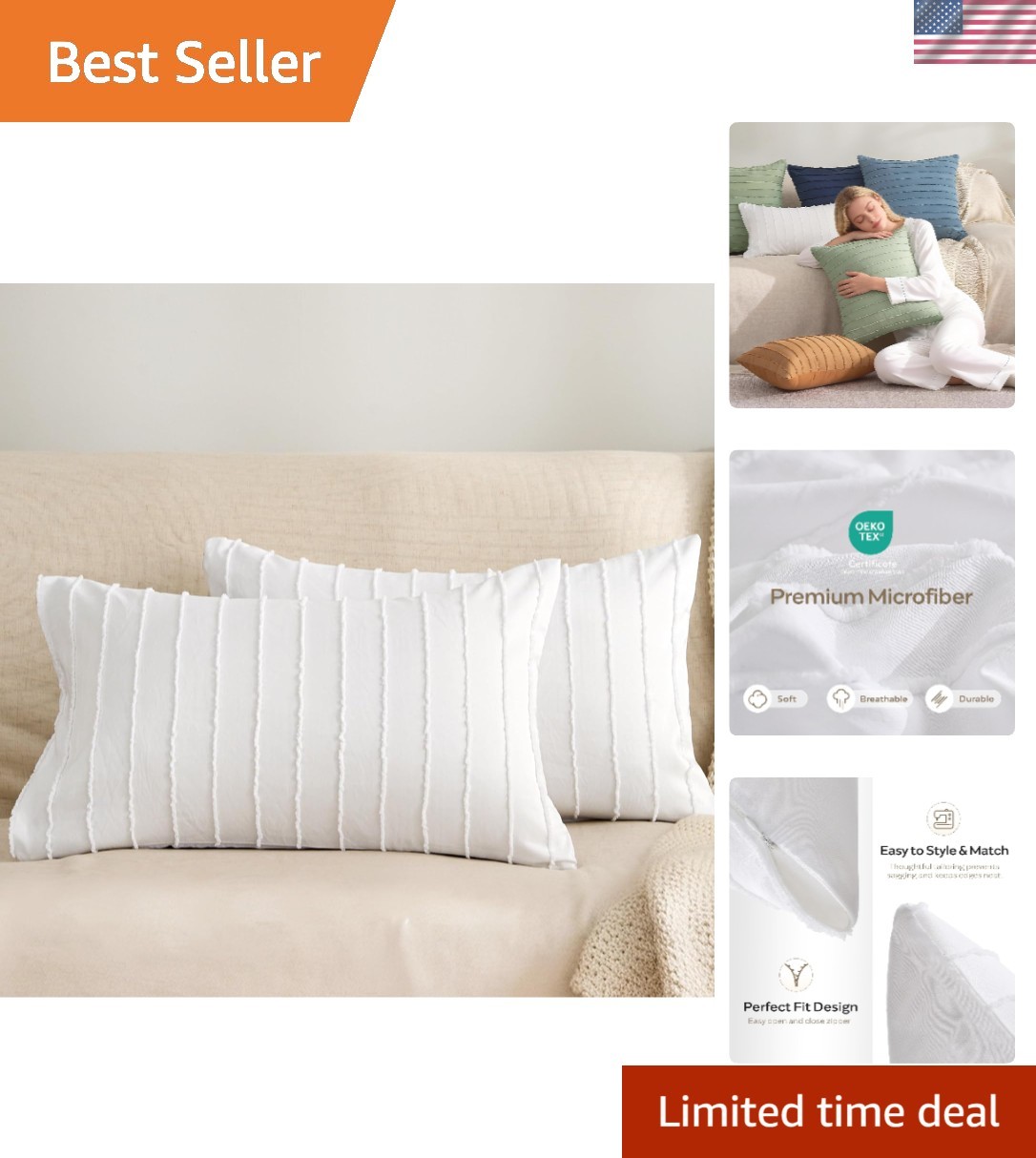 Soft White 2 Pack Pillowcases 12" x 20" - Breathable Microfiber Striped Covers
