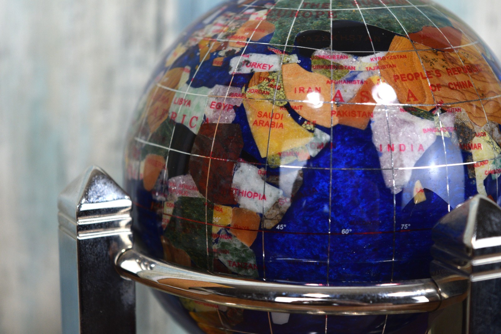 Caribbean Blue Gemstone Rotating Musical Globe With Clock & Thermometer