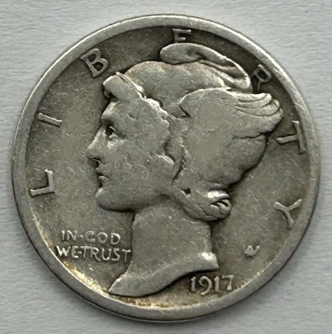 1917 P Mercury Dime circulated 90% Silver  Very Good VG to Fine F