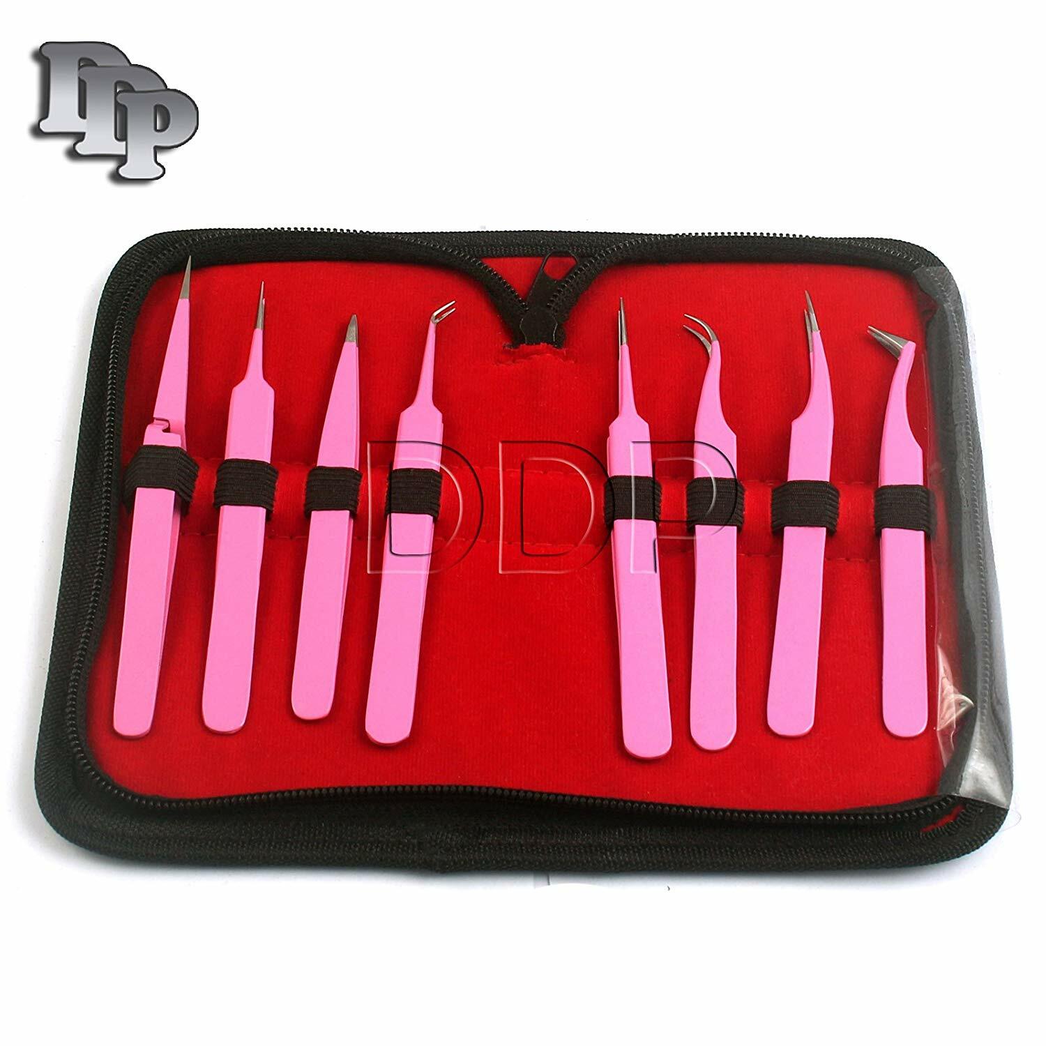Set Of 8 Pieces Stainless Steel Pink Color Eyelash Extension Tweezers